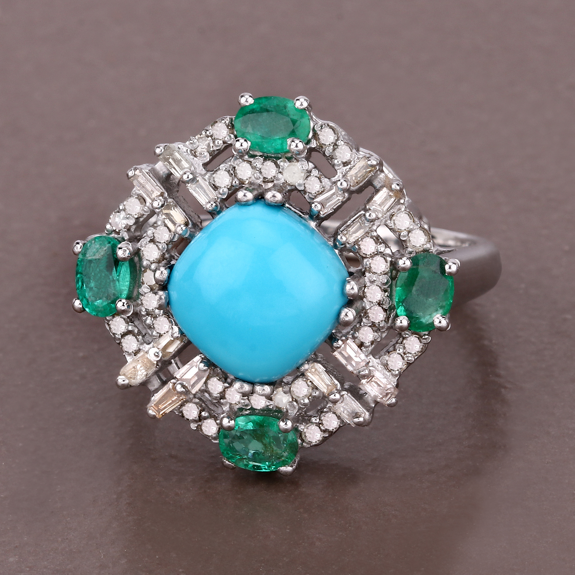 925 Emerald, Turquoise & Diamond Ring