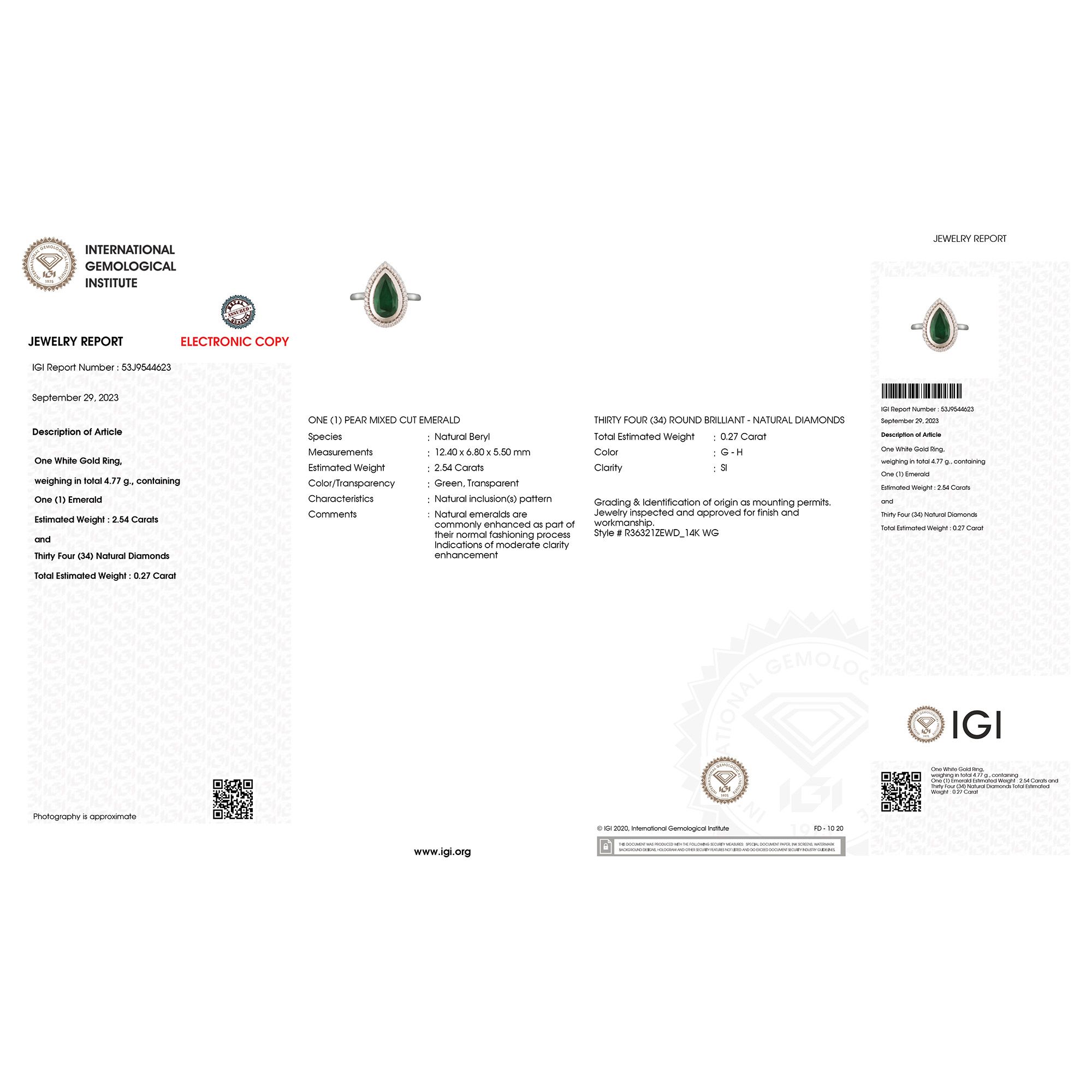 IGI Certified 2.54 CT Emerald and Diamond Ring