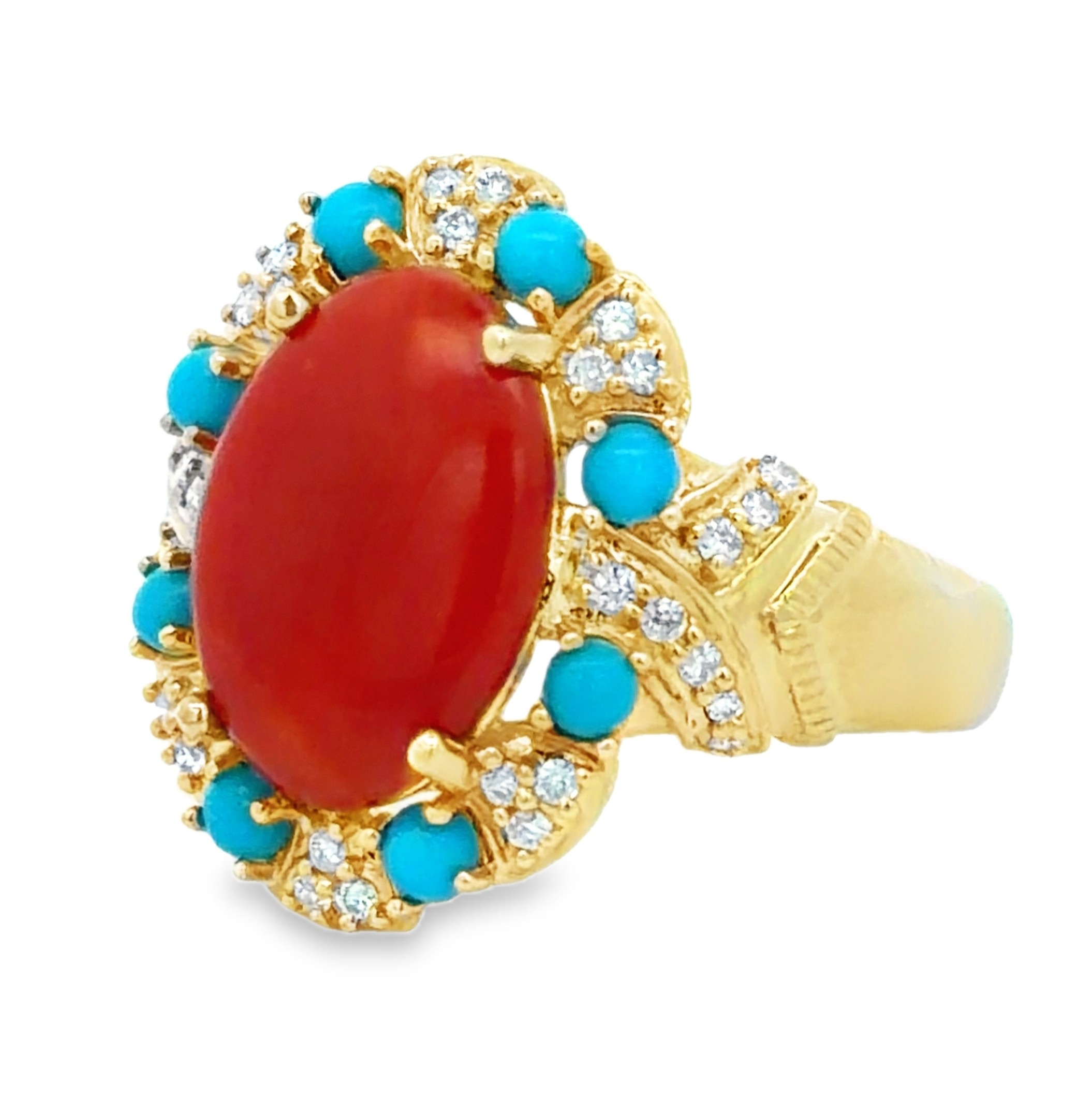 Coral, Turquoise and Diamond Ring