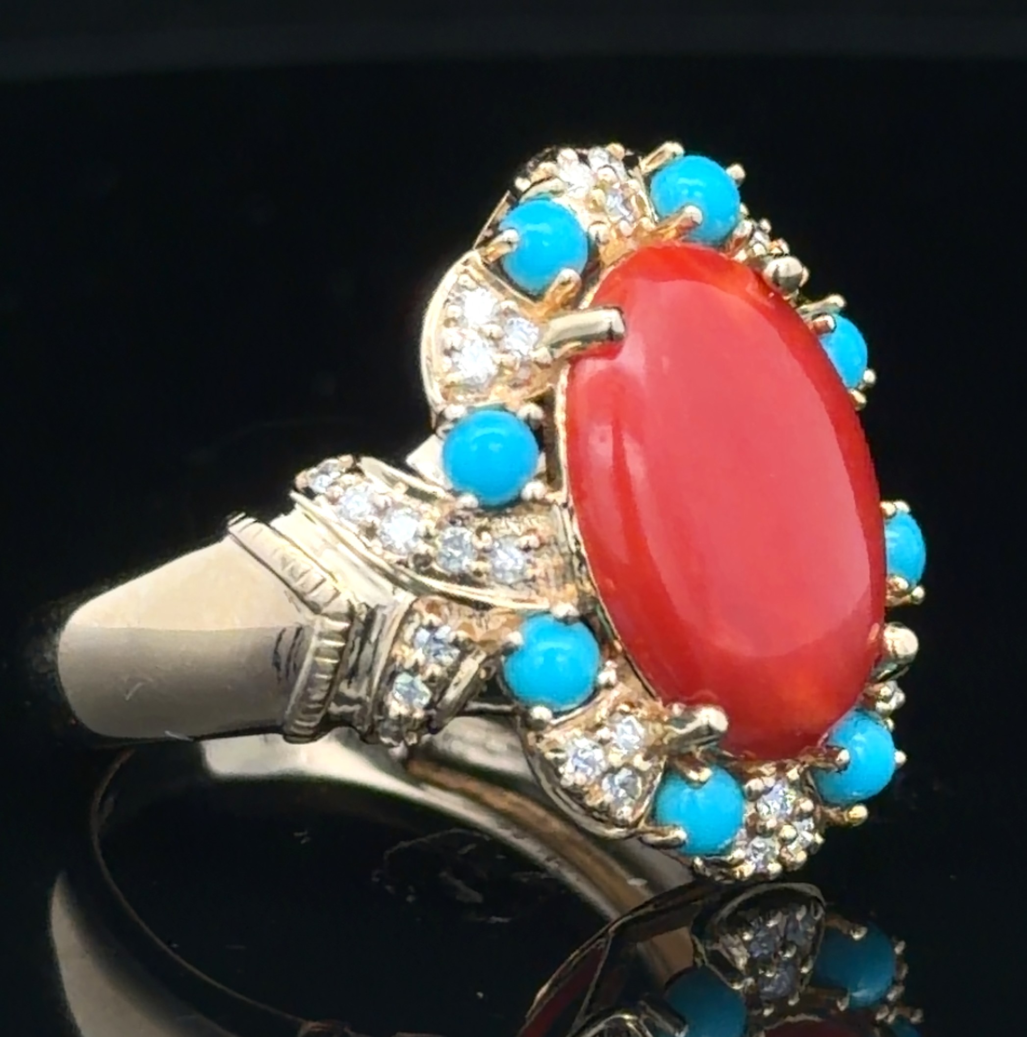 Coral, Turquoise and Diamond Ring