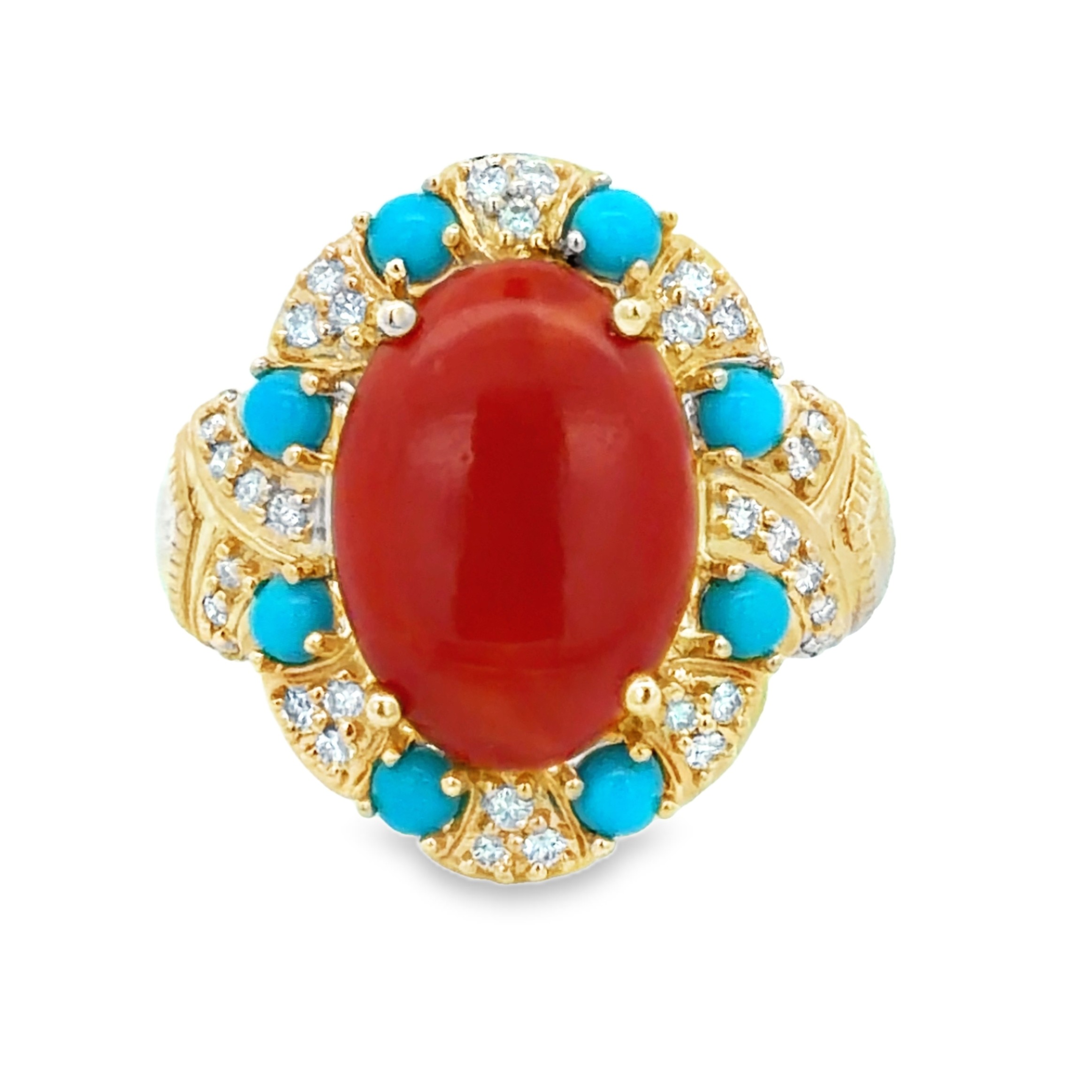 Coral, Turquoise and Diamond Ring