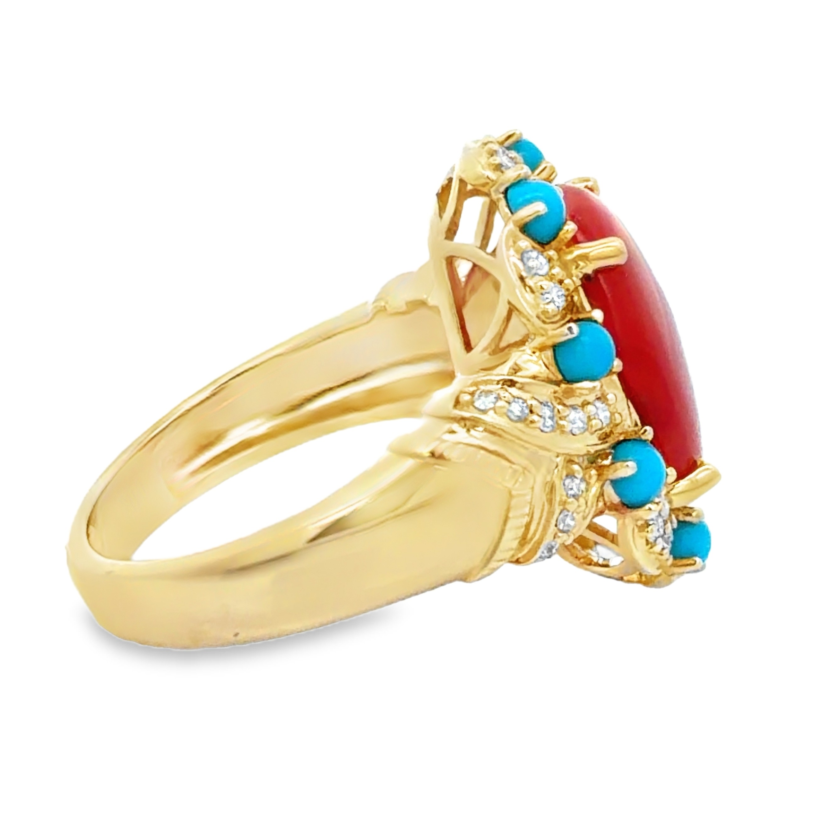 Coral, Turquoise and Diamond Ring