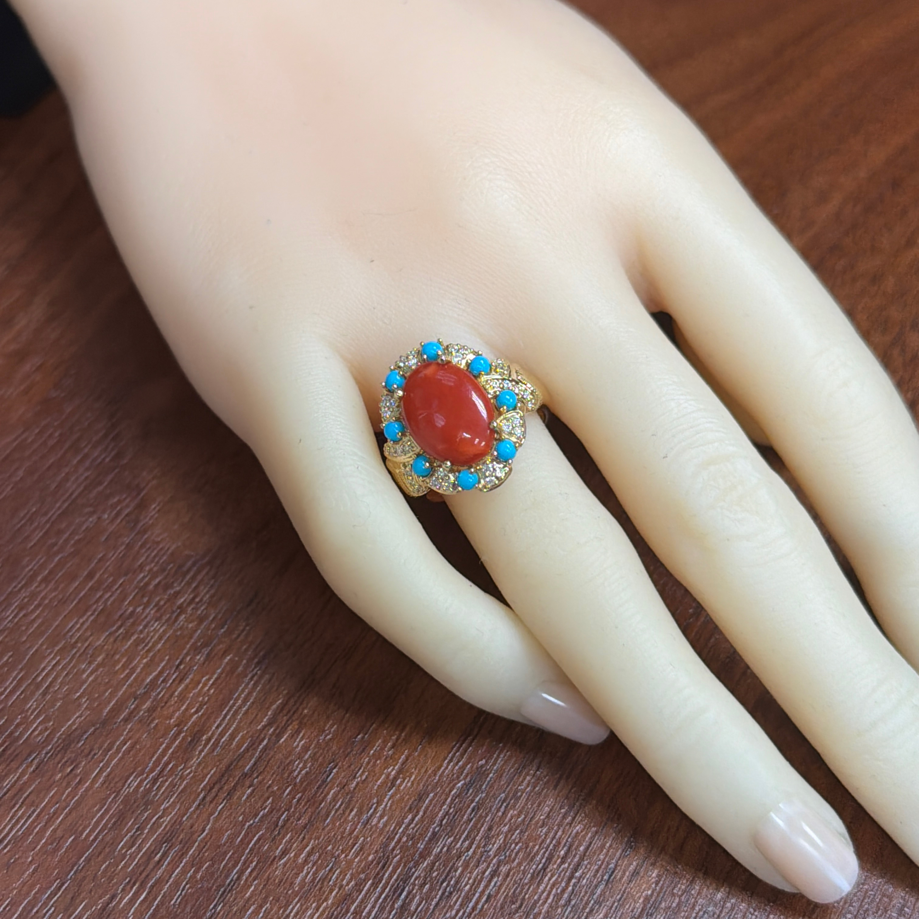 Coral, Turquoise and Diamond Ring