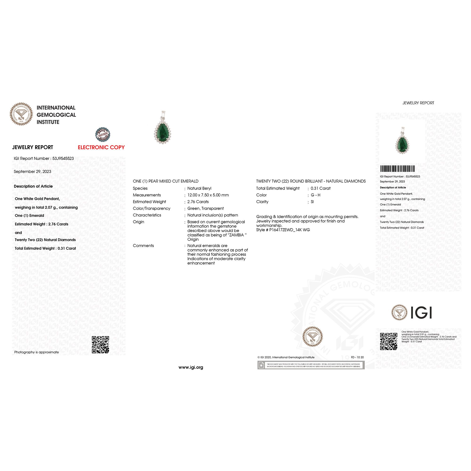 IGI 2.76 CT Zambian Emerald and Diamond Pendant