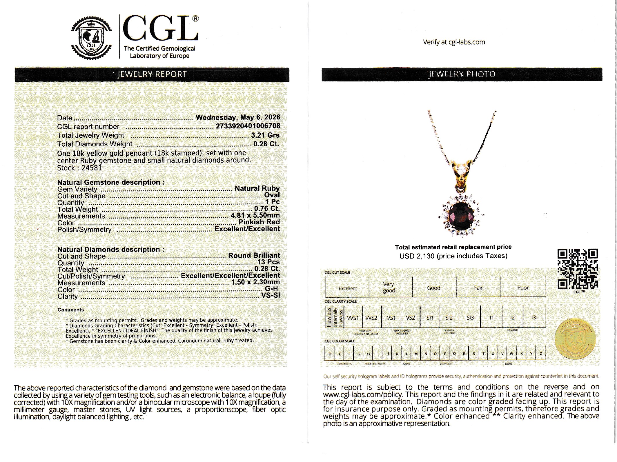 Natural Ruby & Diamond Pendant on Chain
