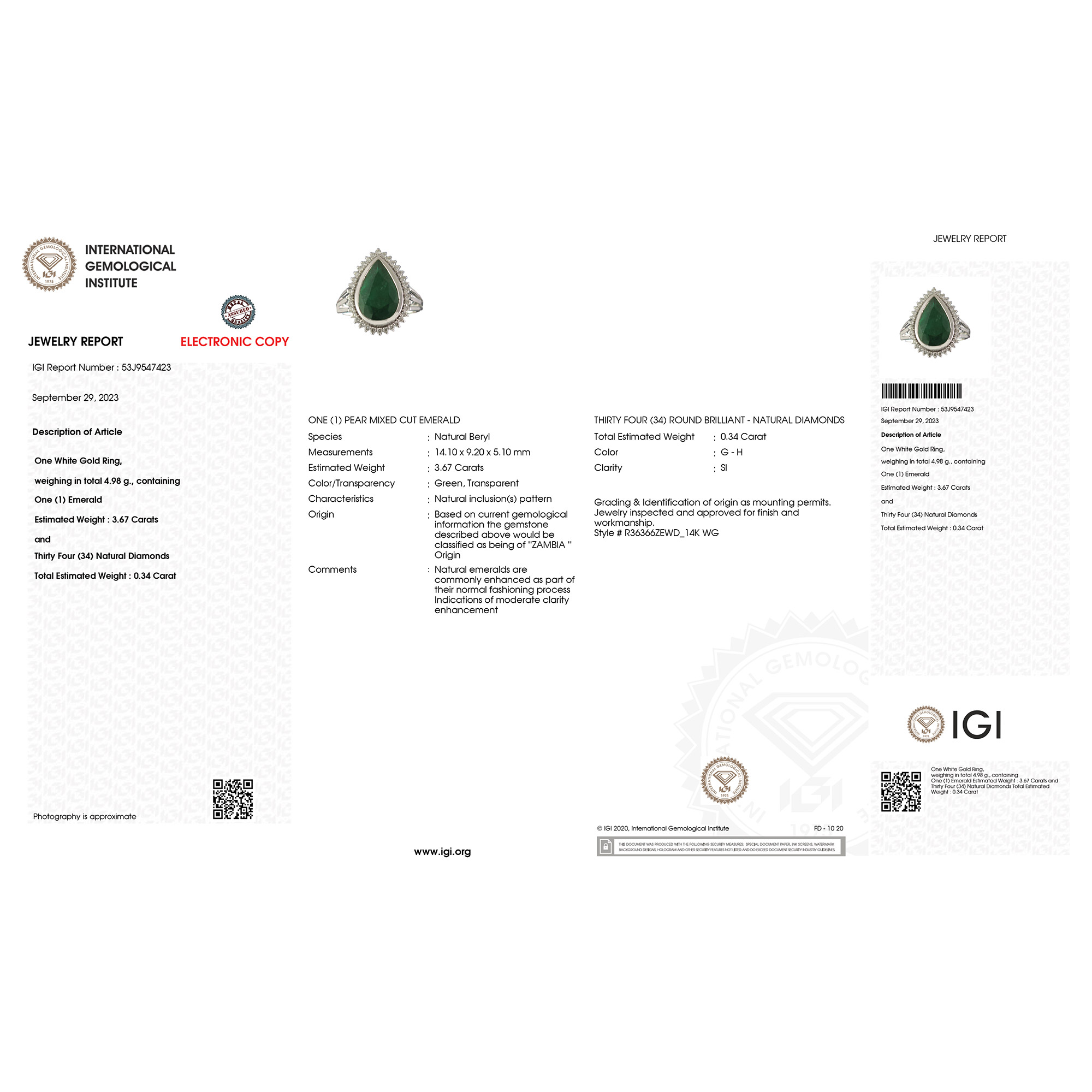 IGI Certified 3.67CT Zambian Emerald and Natural Diamond Ring