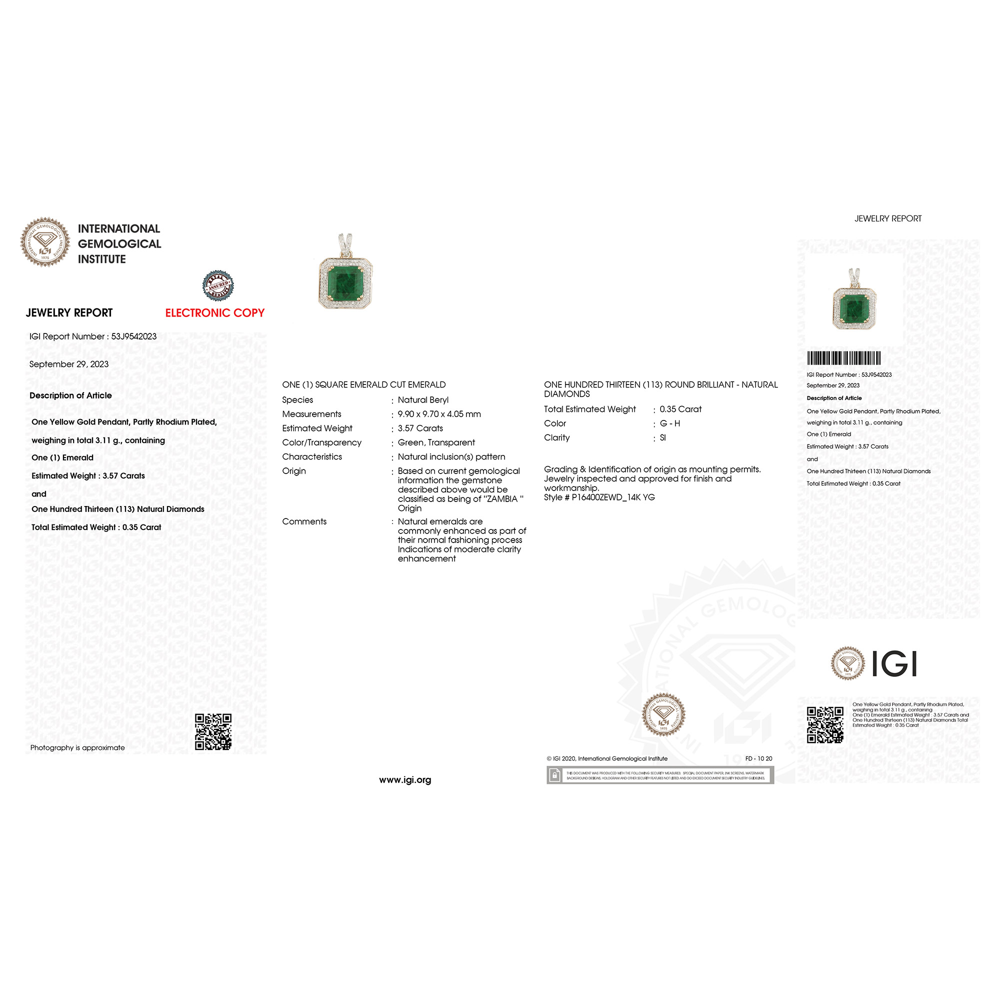 IGI Certified 3.57 CT Emerald and Natural Diamond Pendant