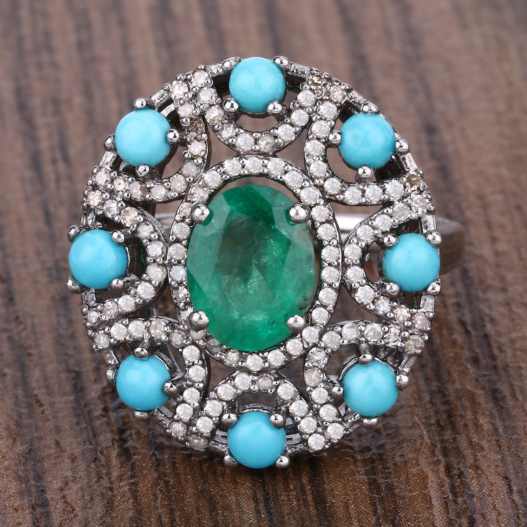 925 Emerald, Turquoise & Diamond Ring