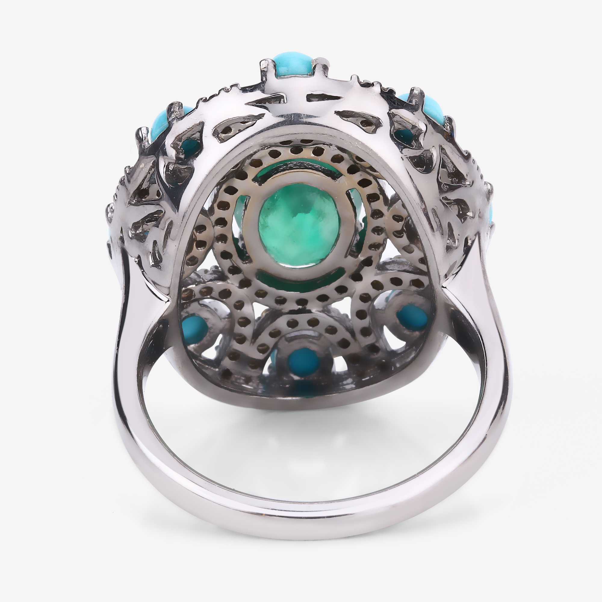 925 Emerald, Turquoise & Diamond Ring