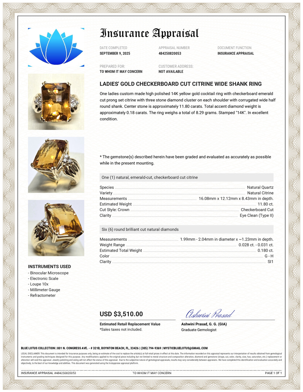11 Carat Citrine & Diamond Ring 14K