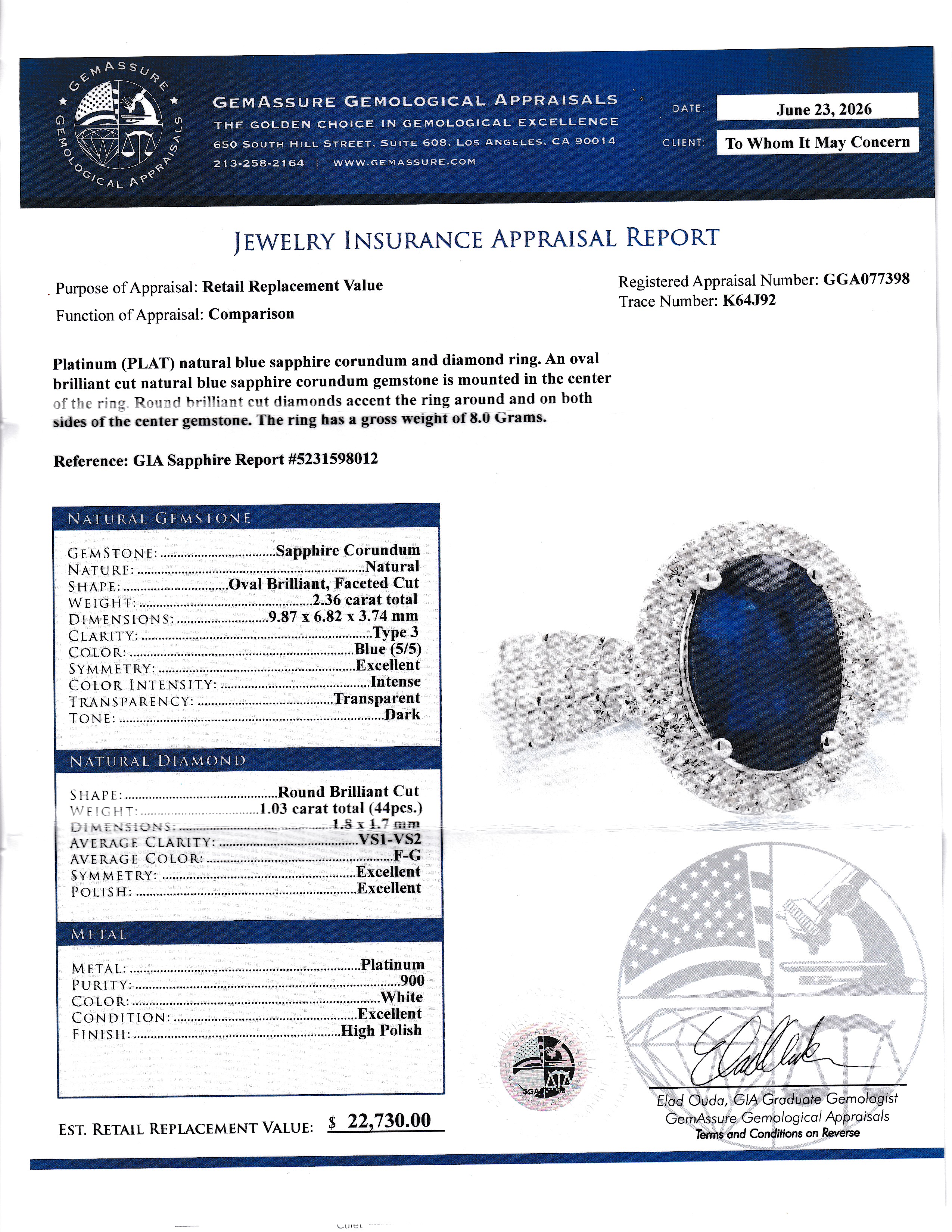 Oscar Friedman GIA Certified Sapphire & Natural Diamond Ring