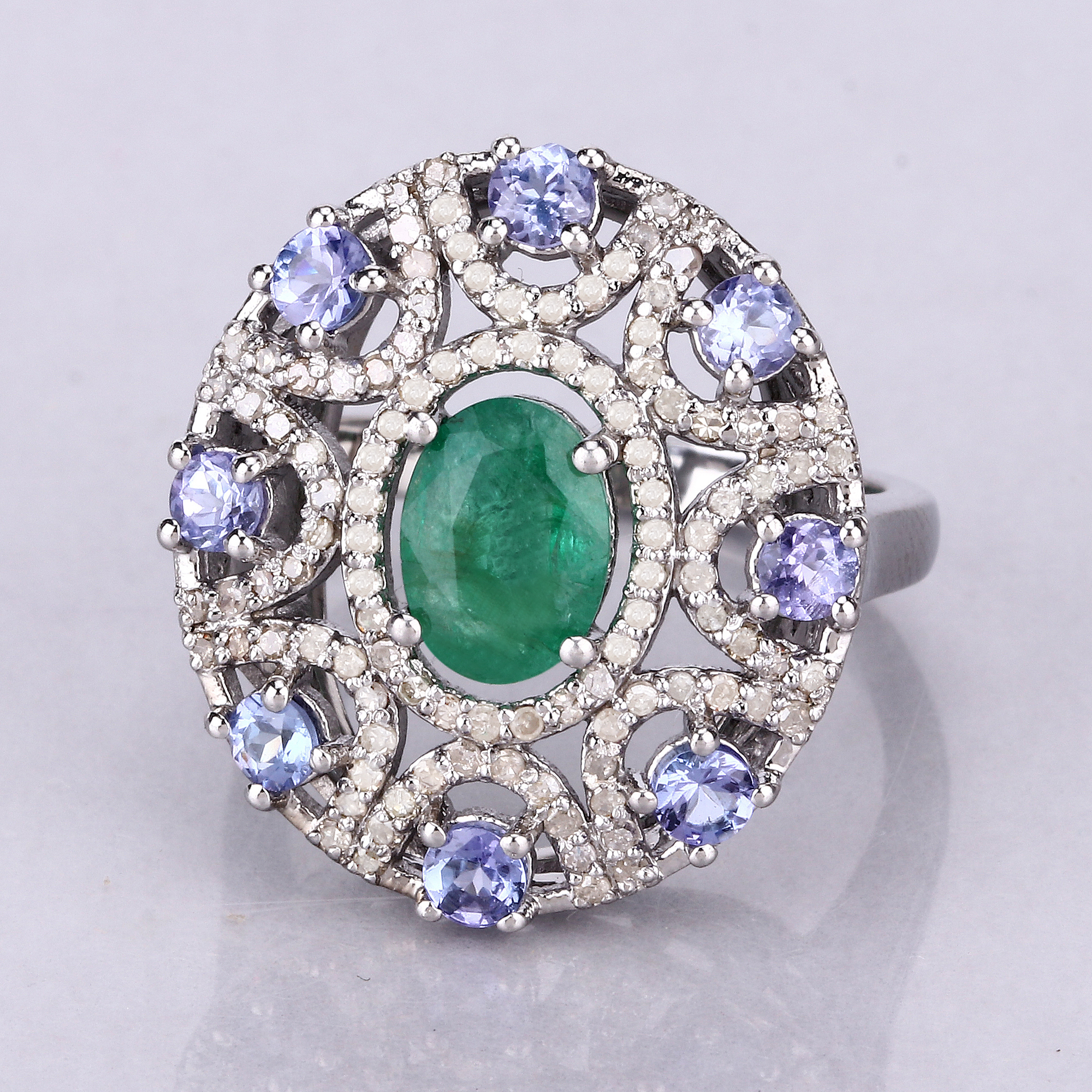 925 Emerald, Tanzanite & Diamond Ring