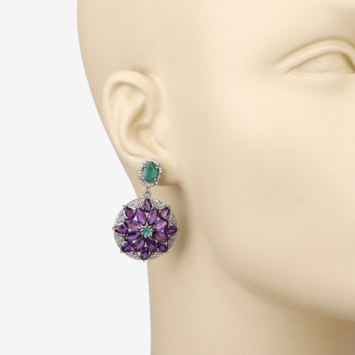 17.71 CT Amethyst, Emerald, and Diamond Earrings 925