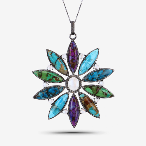 925 Turquoise, Moonstone & Diamond Pendant & Chain