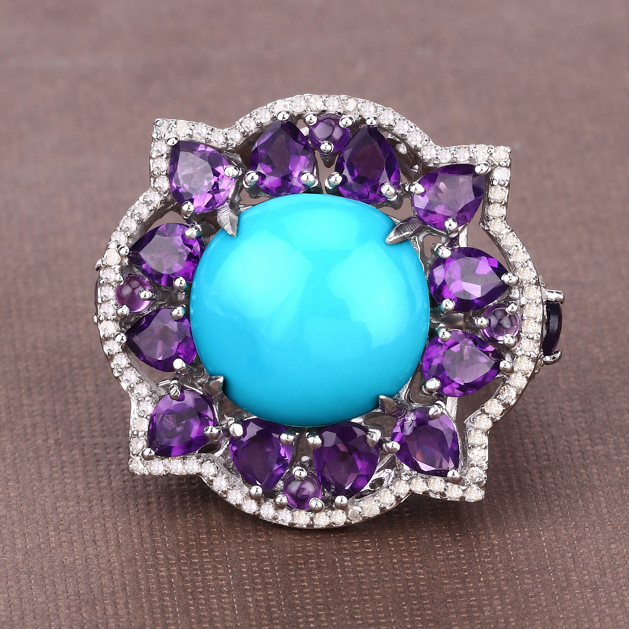 925 Amethyst, Turquoise & Diamond Ring