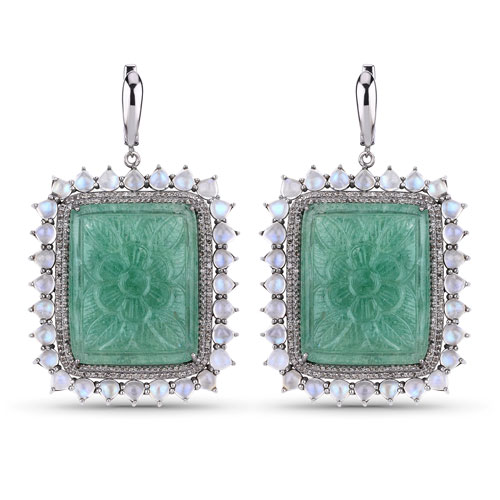 89.04 CT Rainbow Moonstone, Jade and Diamond Earrings 925