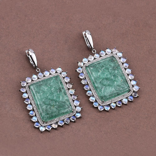 89.04 CT Rainbow Moonstone, Jade and Diamond Earrings 925