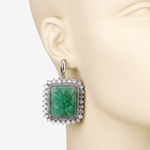 89.04 CT Rainbow Moonstone, Jade and Diamond Earrings 925