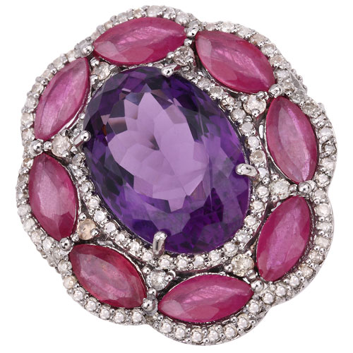16.80 CT Ruby Amethyst & Diamond .925 Ring