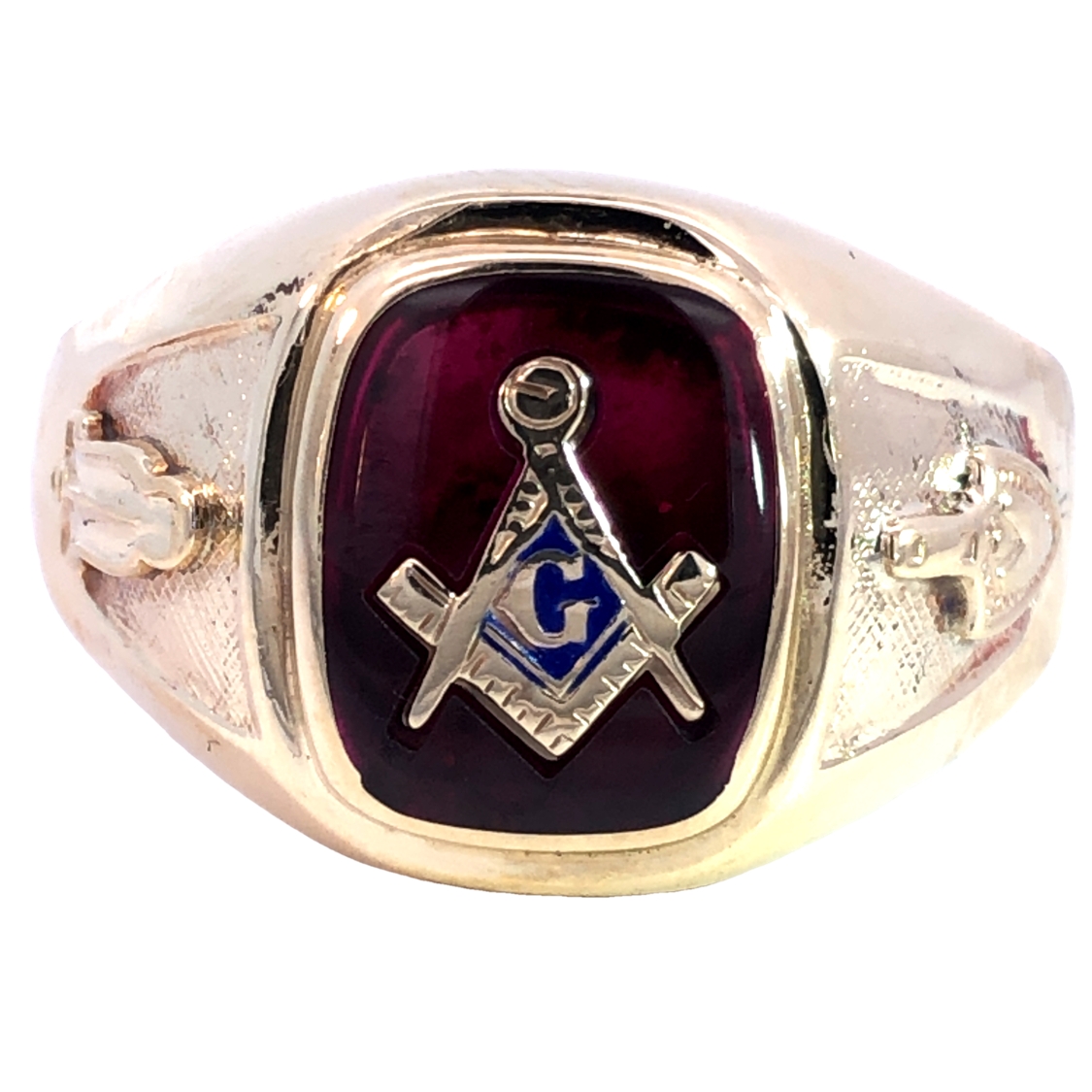 10K Vintage Masonic Men's Ring in with Red Inlay