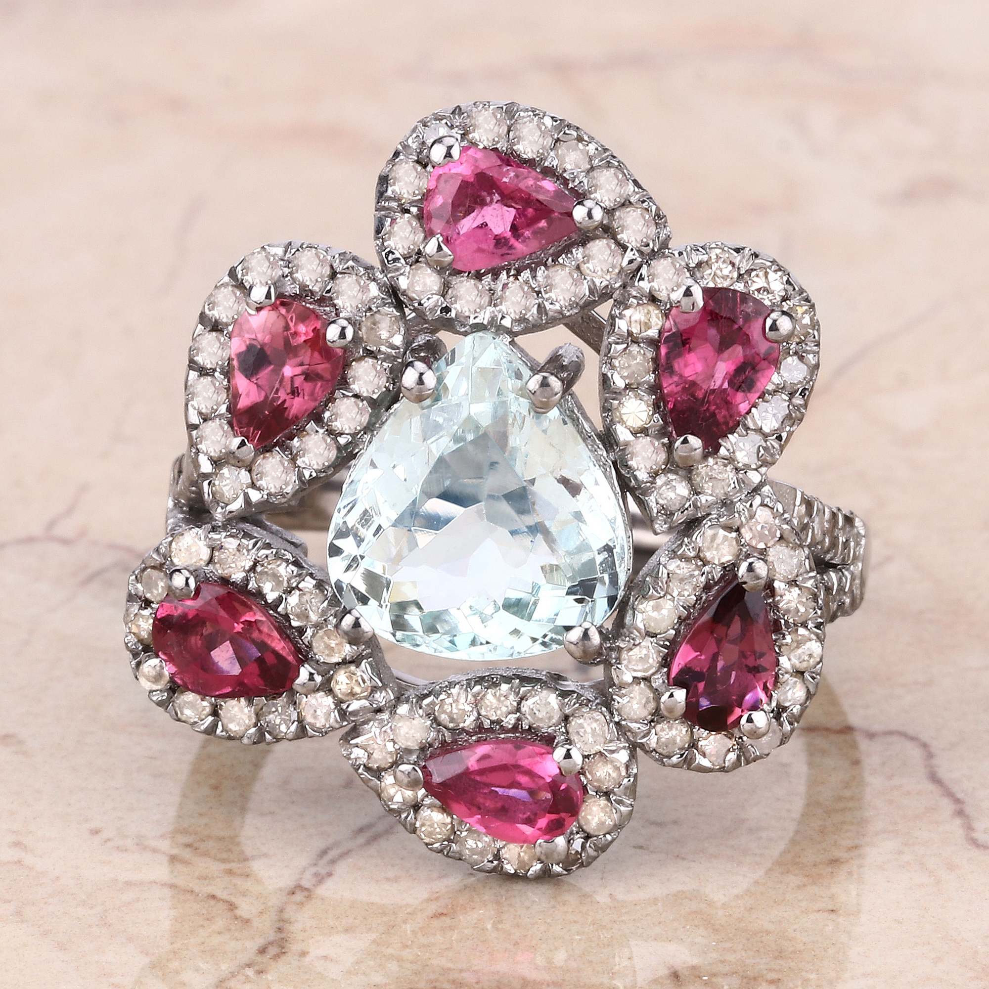 Tourmaline, Aquamarine & Diamond Ring 925