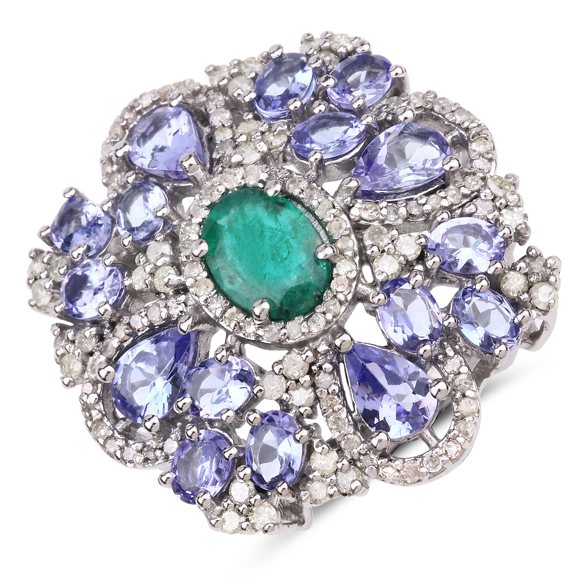 925 Emerald, Tanzanite & Diamond Ring