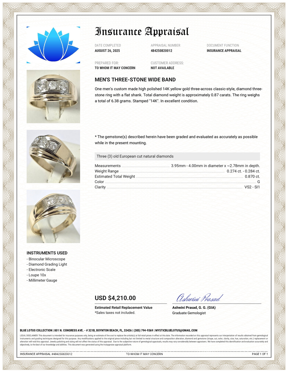 Certified 14K European Cut 3 Diamond Ring