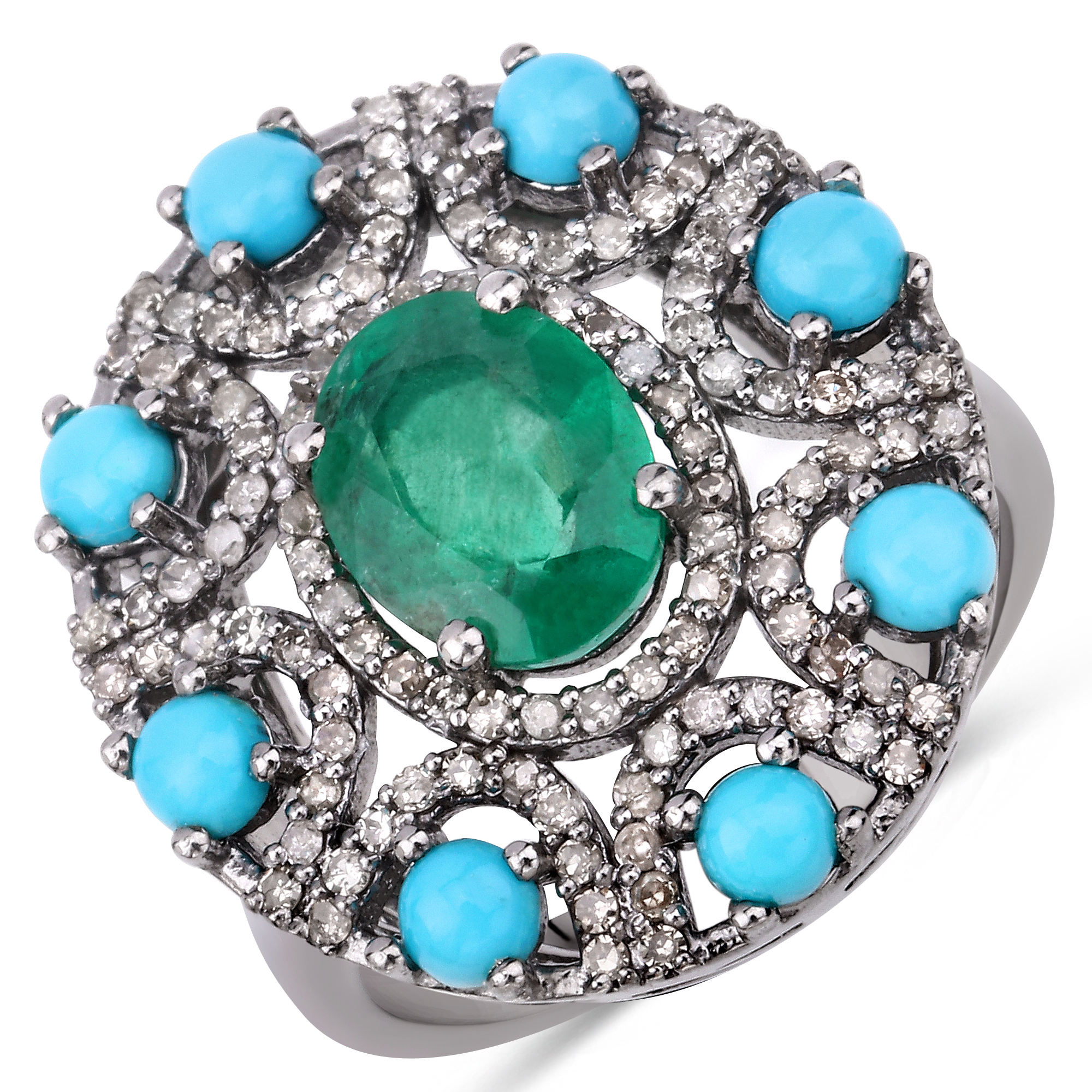 925 Emerald, Turquoise & Diamond Ring