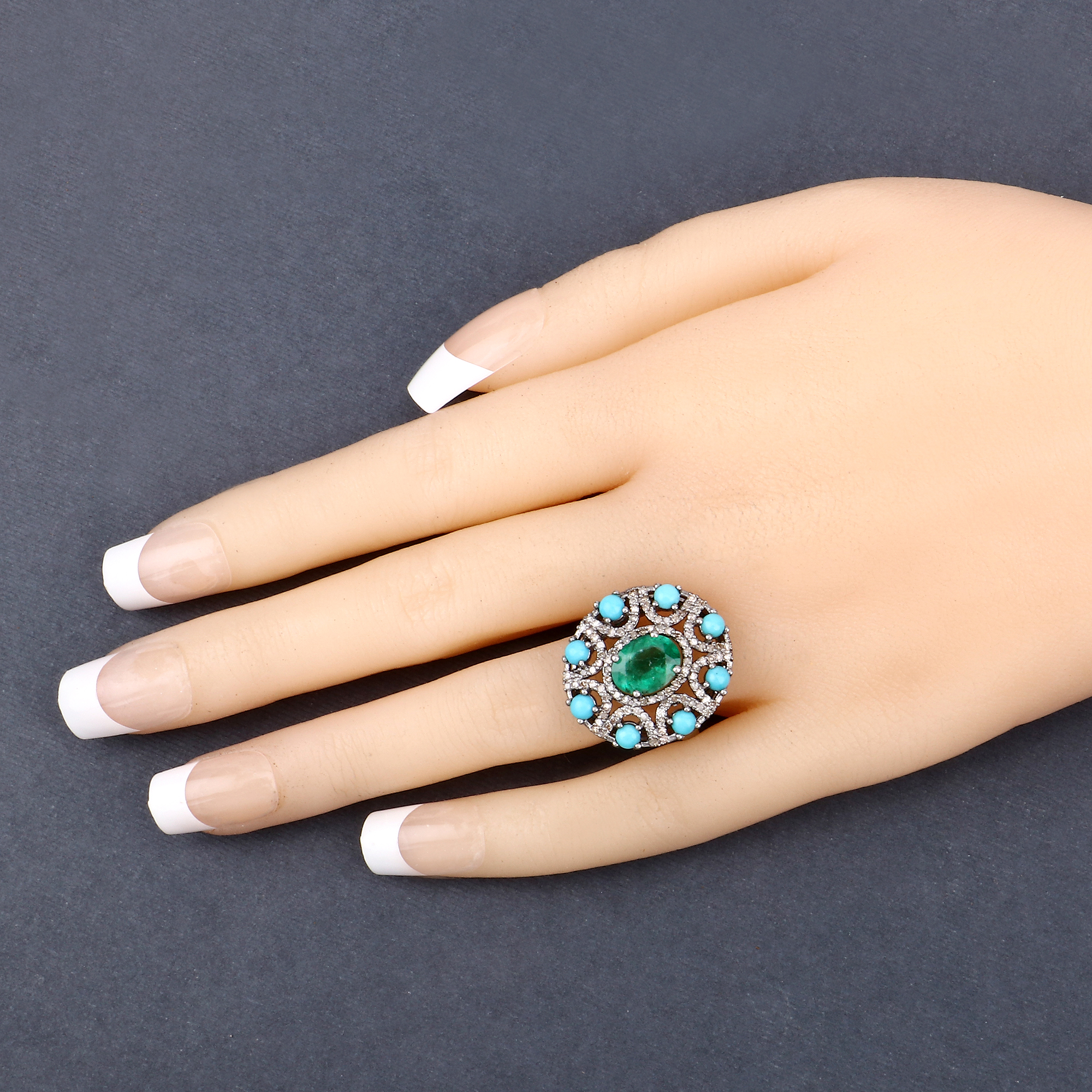 925 Emerald, Turquoise & Diamond Ring