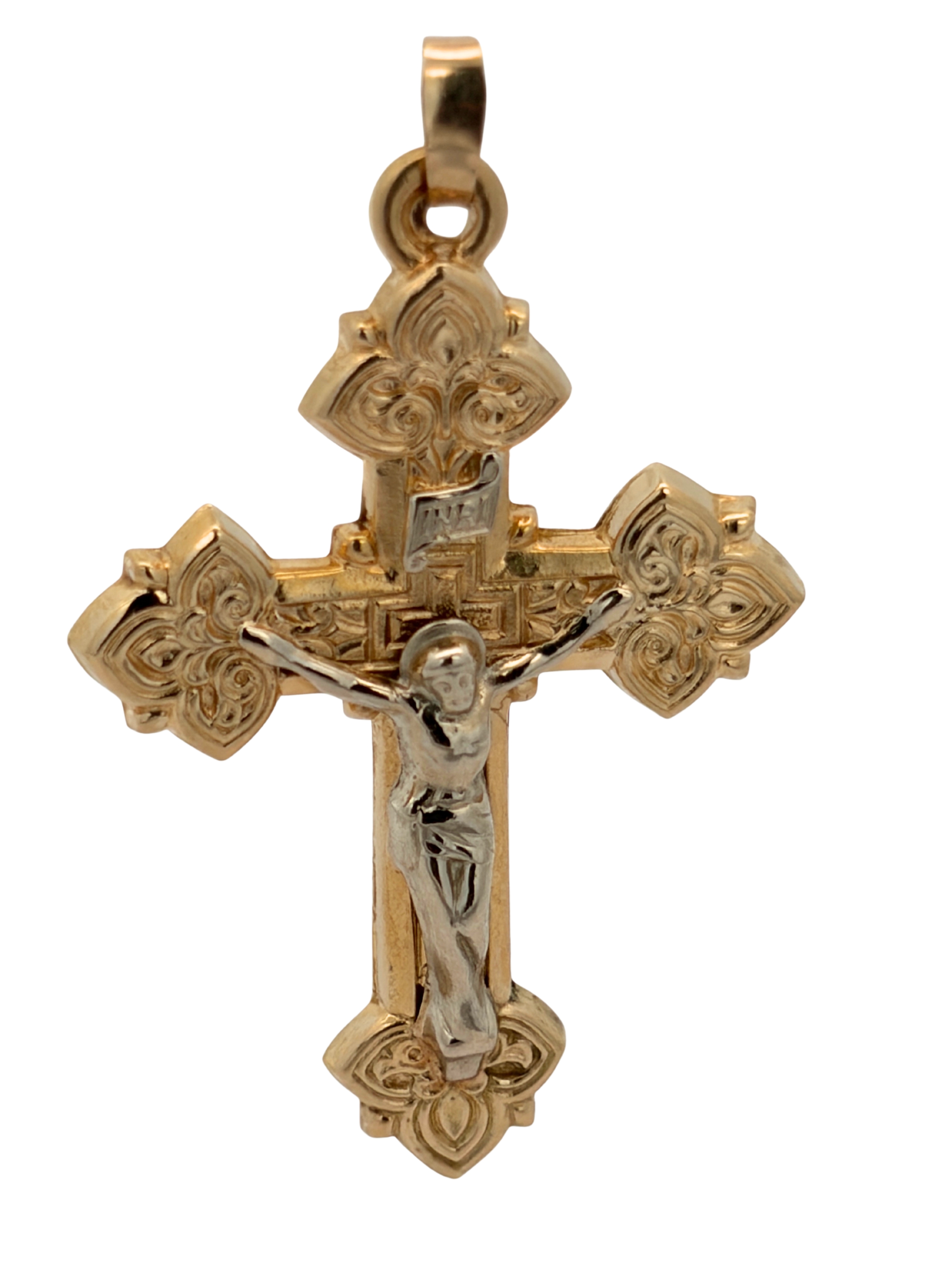 14K Two Tone Crucifix Cross Pendant 1.5"