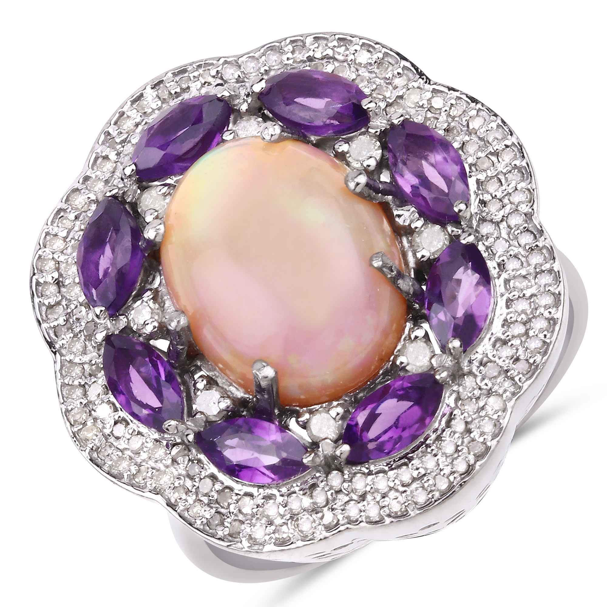925 Amethyst, Opal & Diamond Ring
