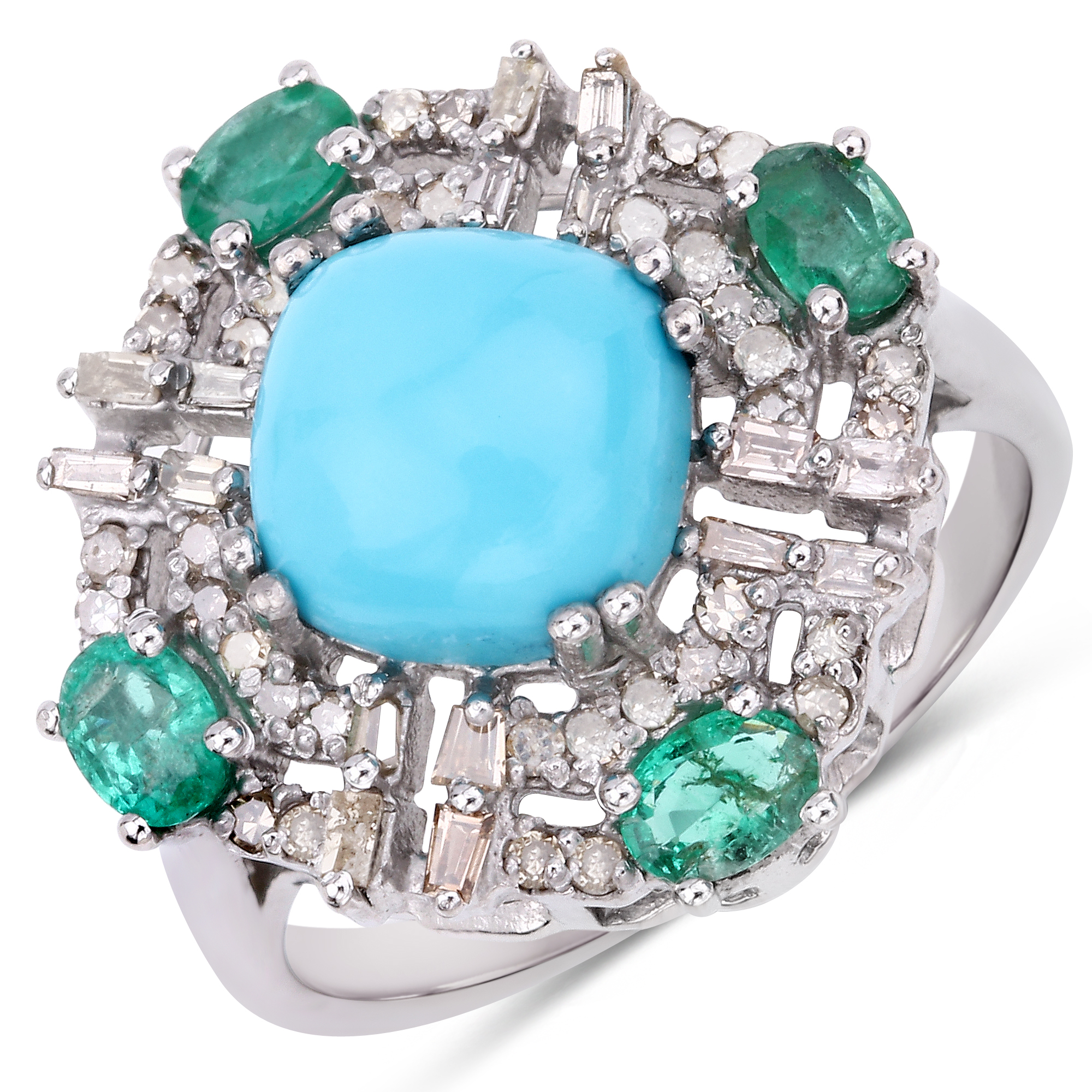 925 Emerald, Turquoise & Diamond Ring