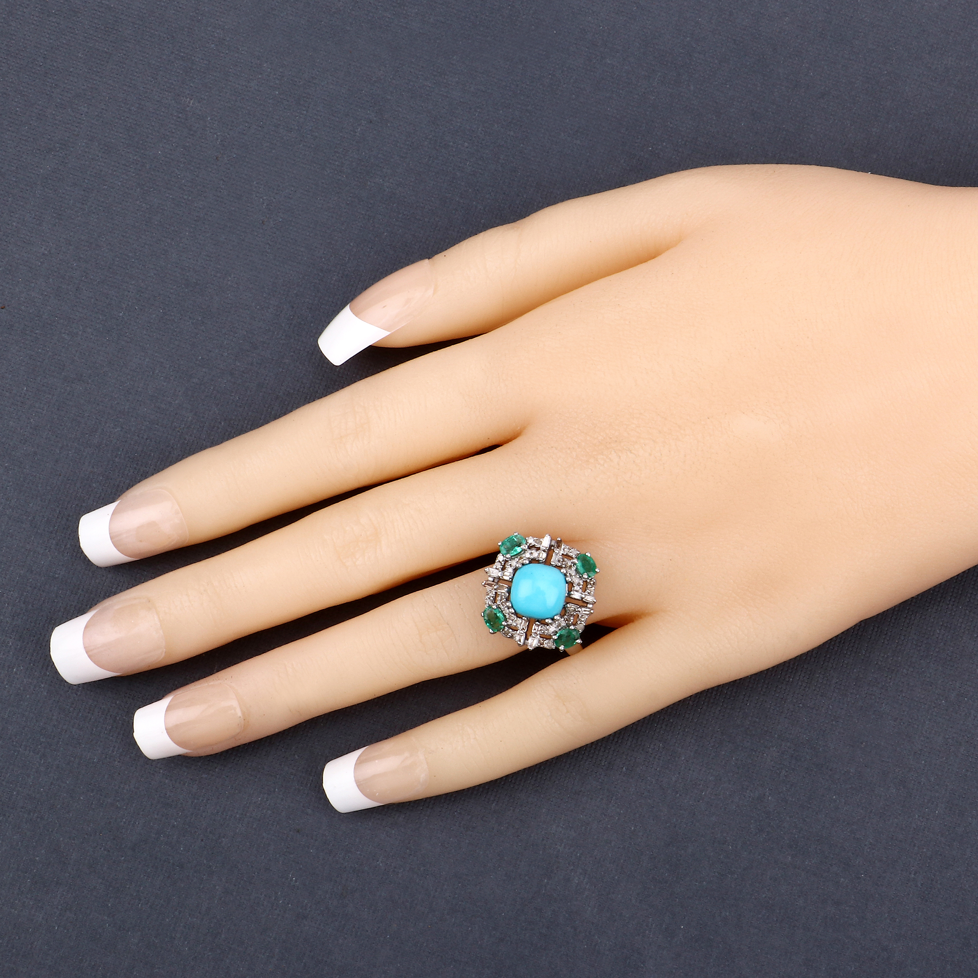 925 Emerald, Turquoise & Diamond Ring