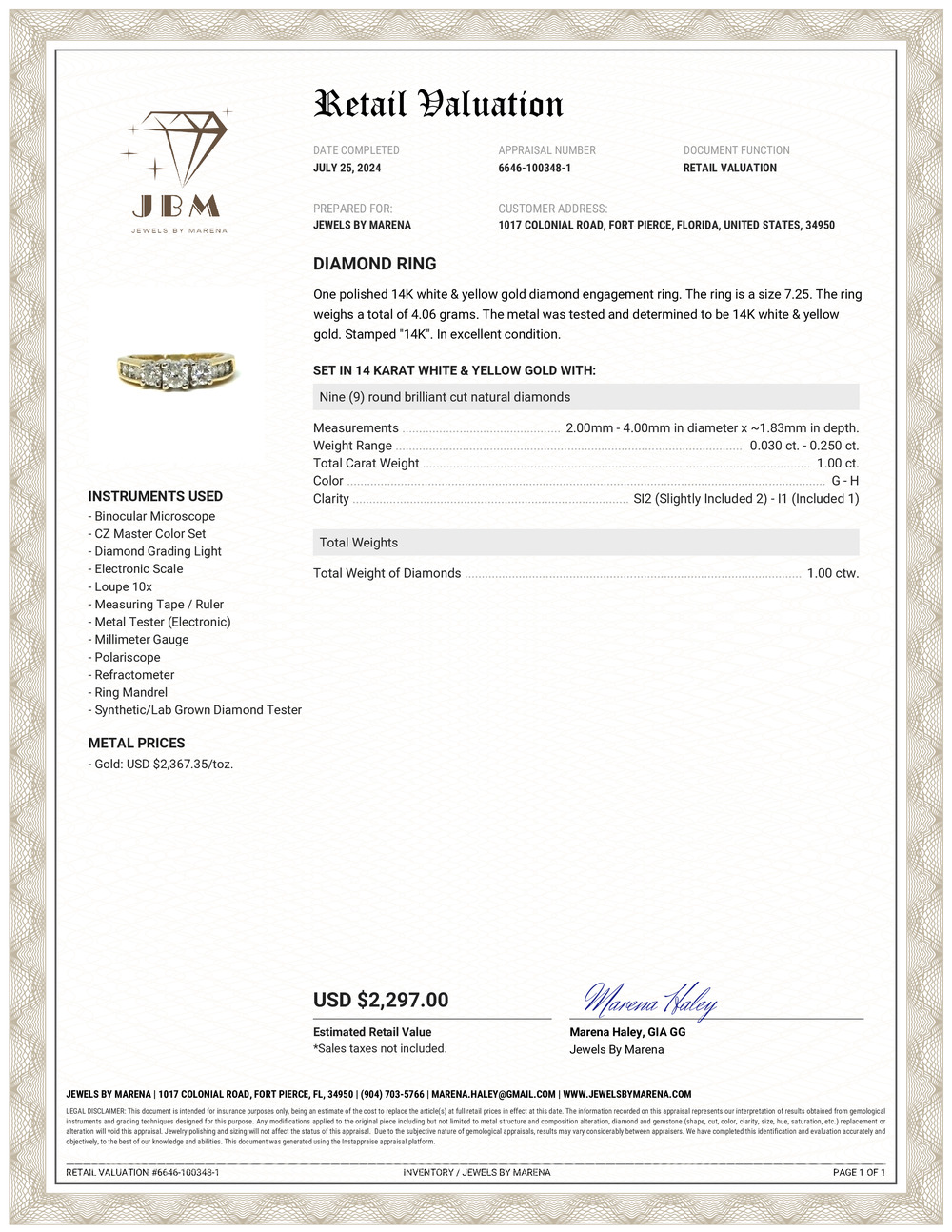 Certified Diamond Engagement Ring 1CTW