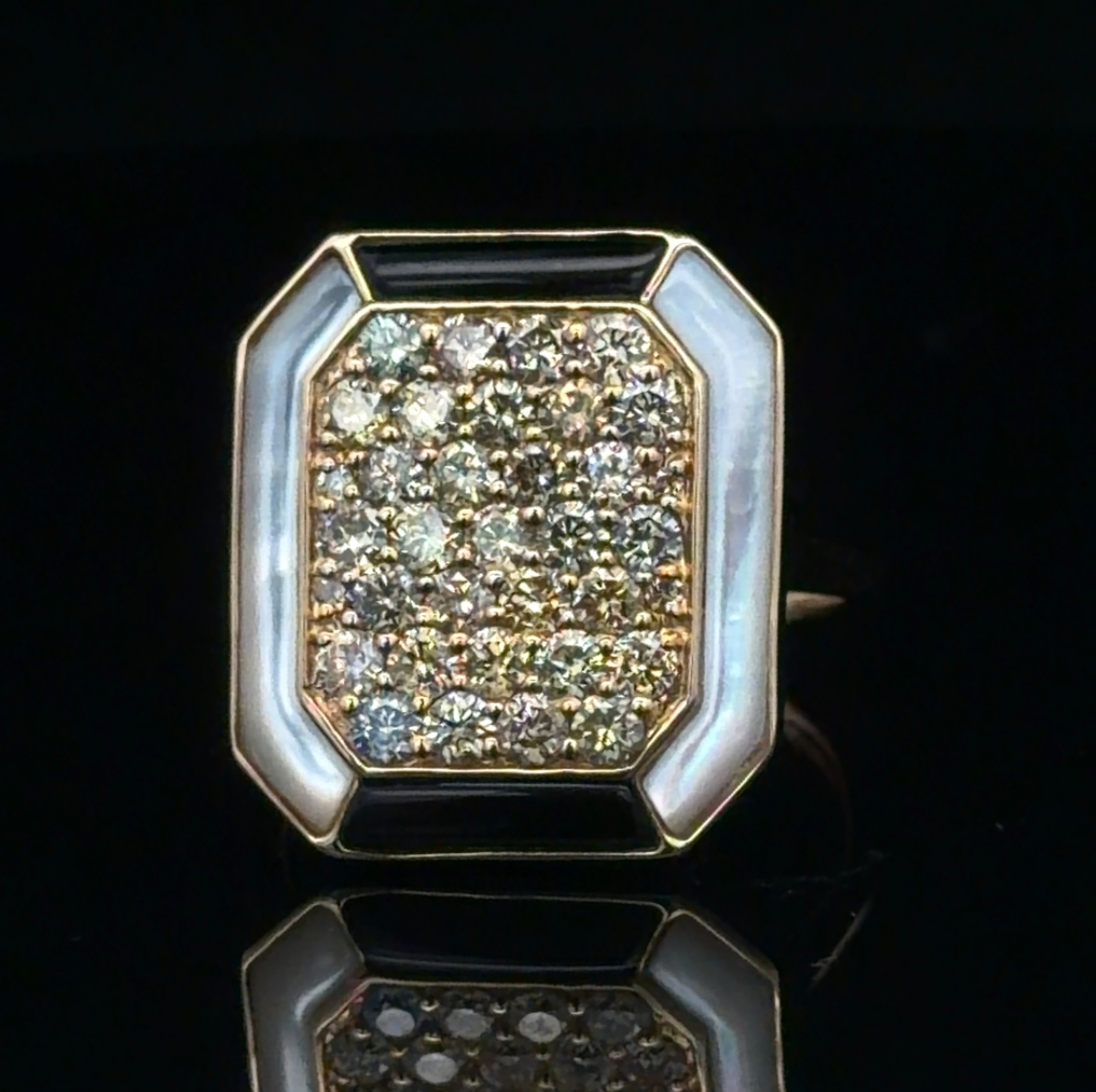 Multi-color Diamond, Onyx and Mother of Pearl Ring