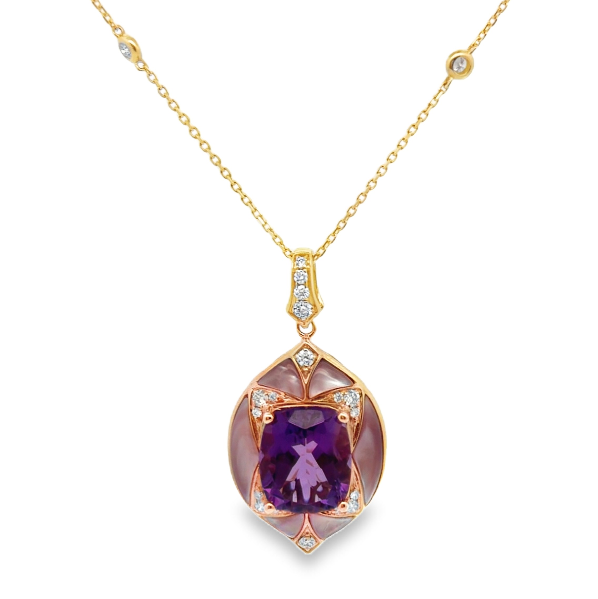Amethyst, MOP and Diamond Pendant on Chain