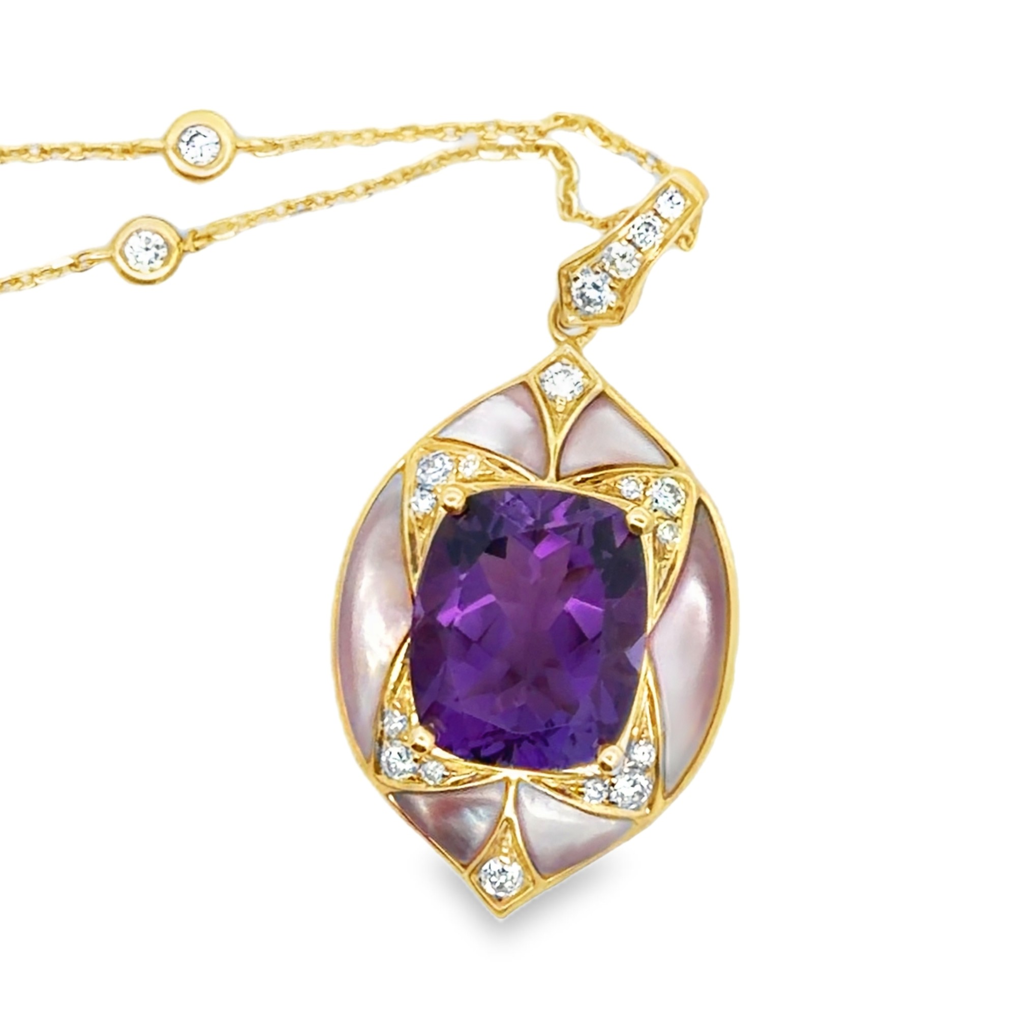 Amethyst, MOP and Diamond Pendant on Chain