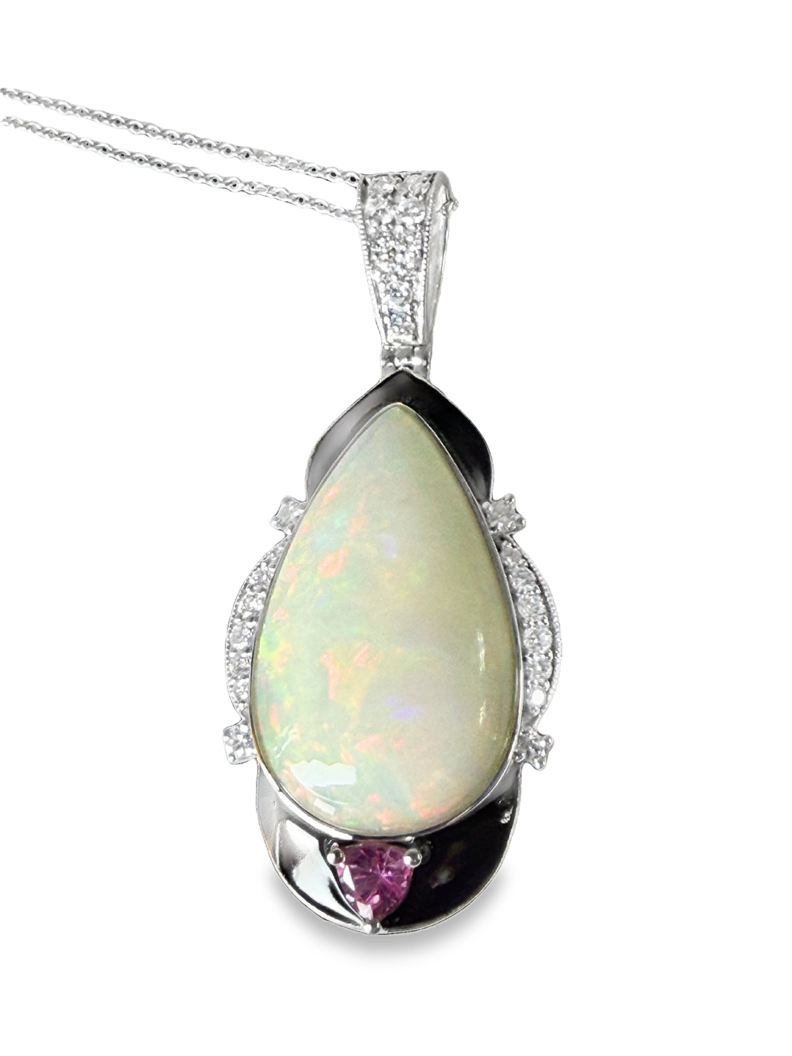 7.45 Carat Opal, Diamond & Sapphire Pendant on Chain