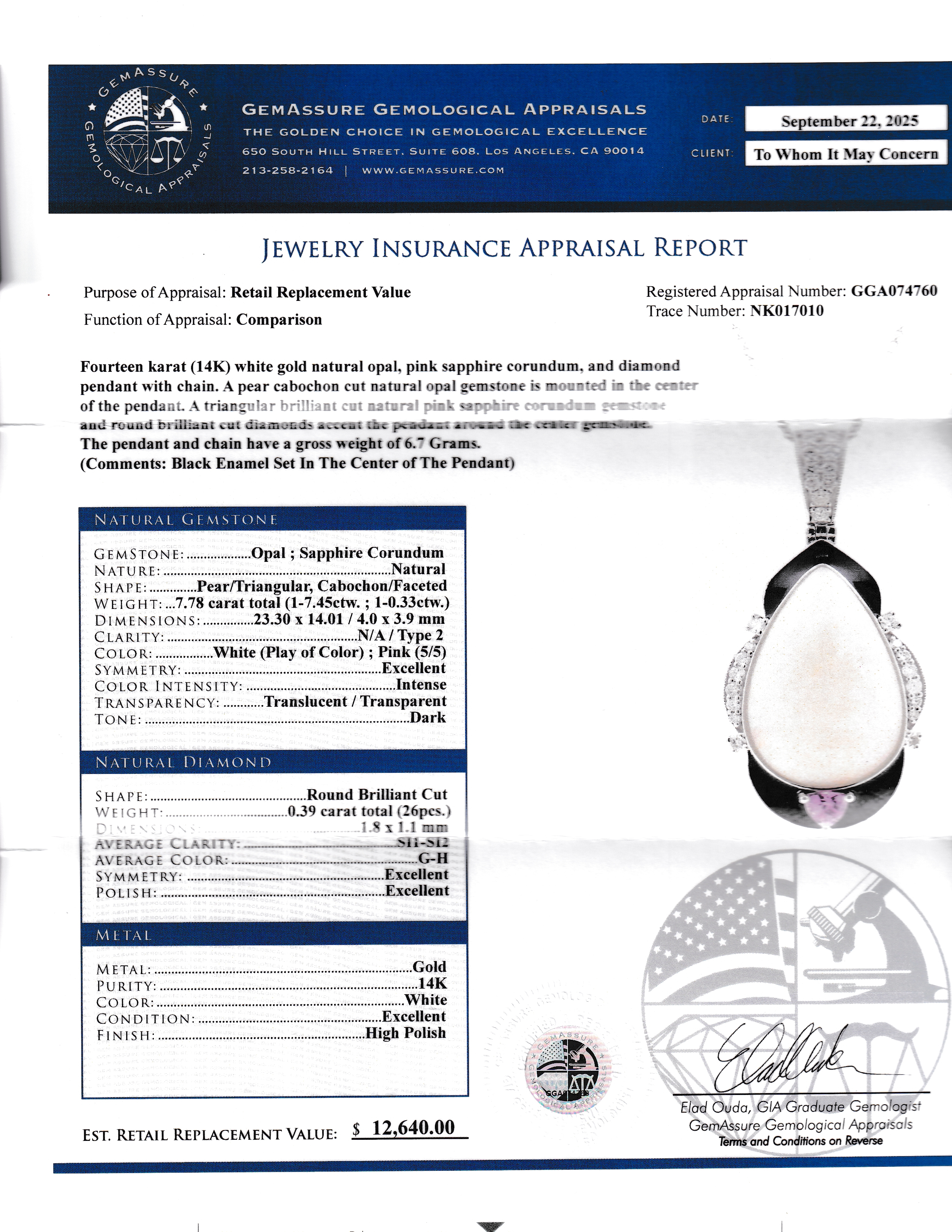 7.45 Carat Opal, Diamond & Sapphire Pendant on Chain