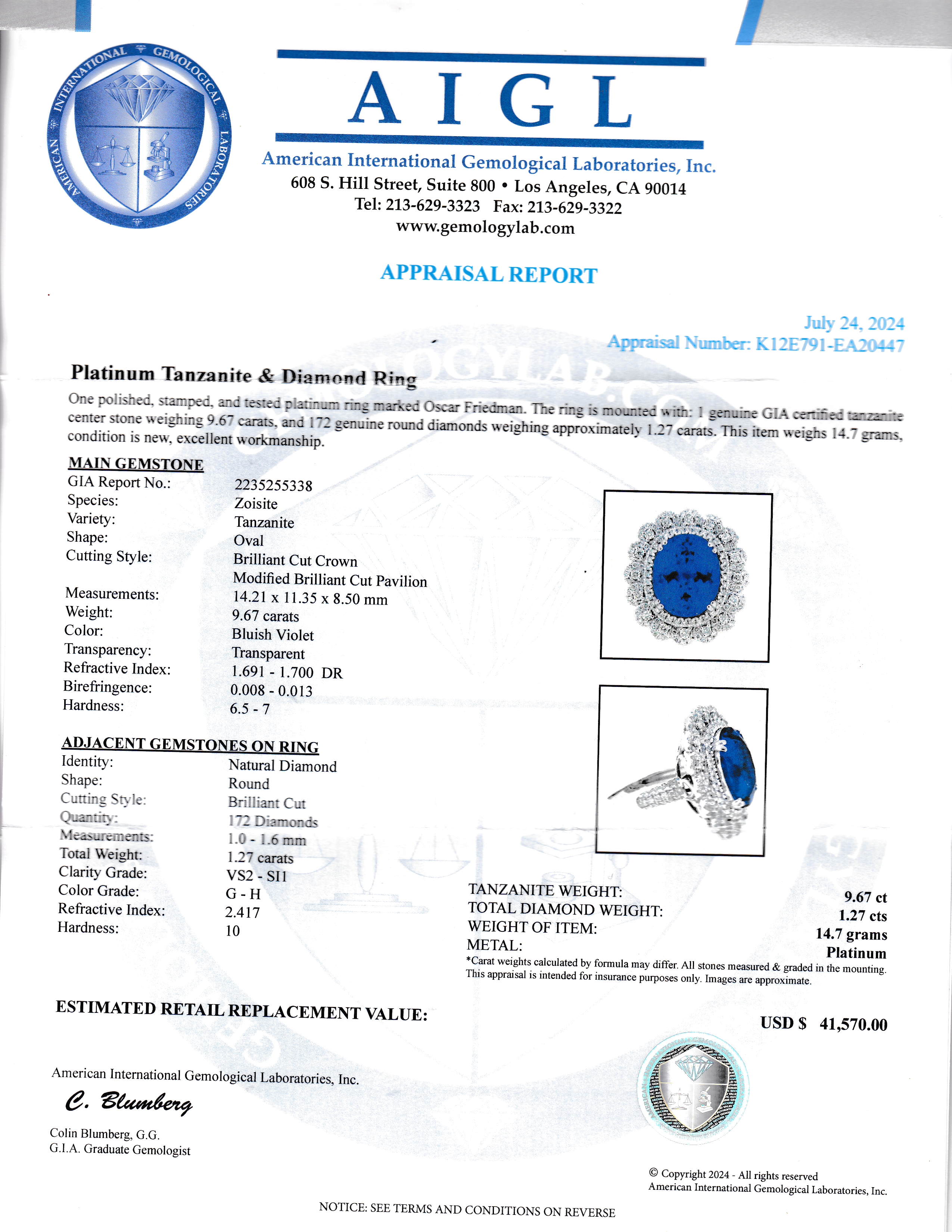 Platinum GIA Certified Tanzanite & Diamond Ring by Oscar Friedman