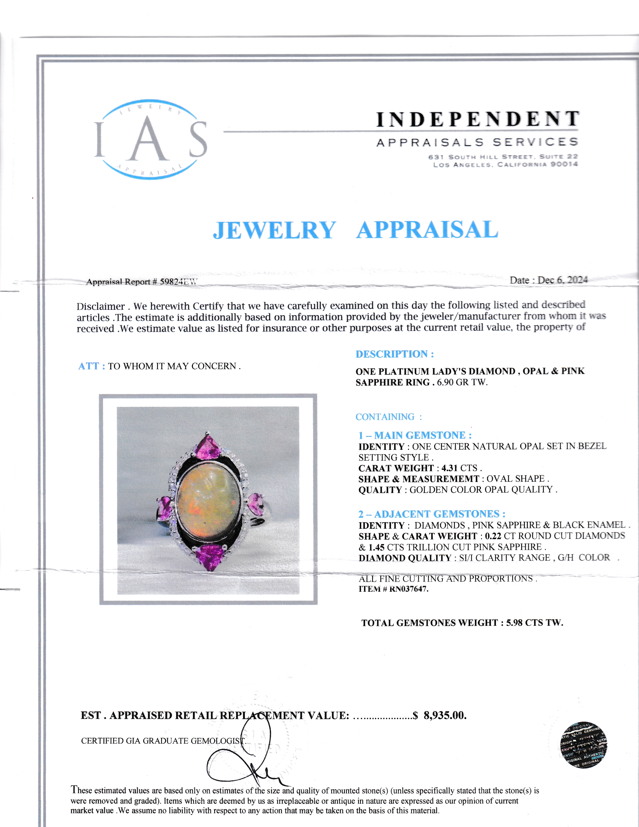 Platinum Opal, Sapphire & Diamond Ring