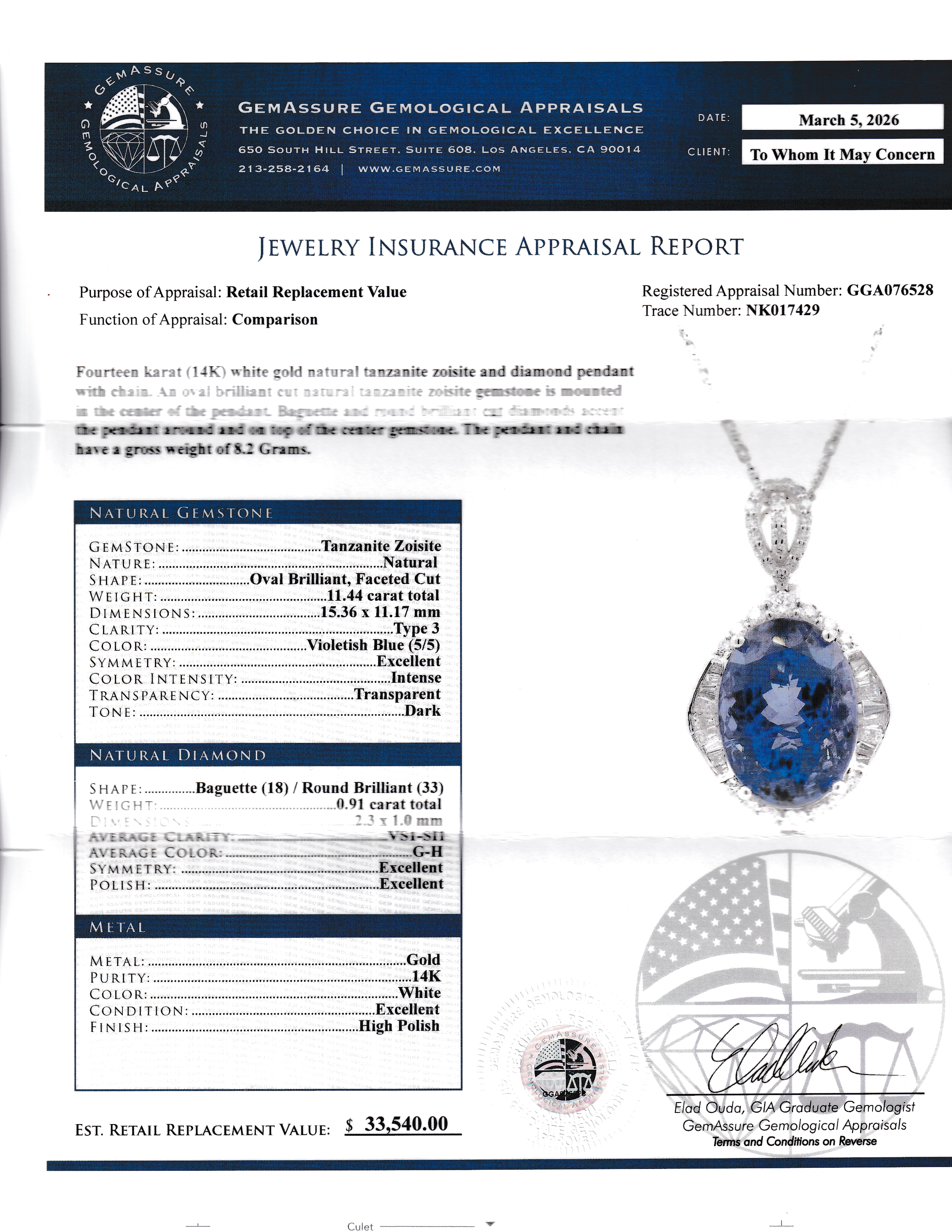 Huge (11.44 Carats)Tanzanite and Diamond Pendant on Chain