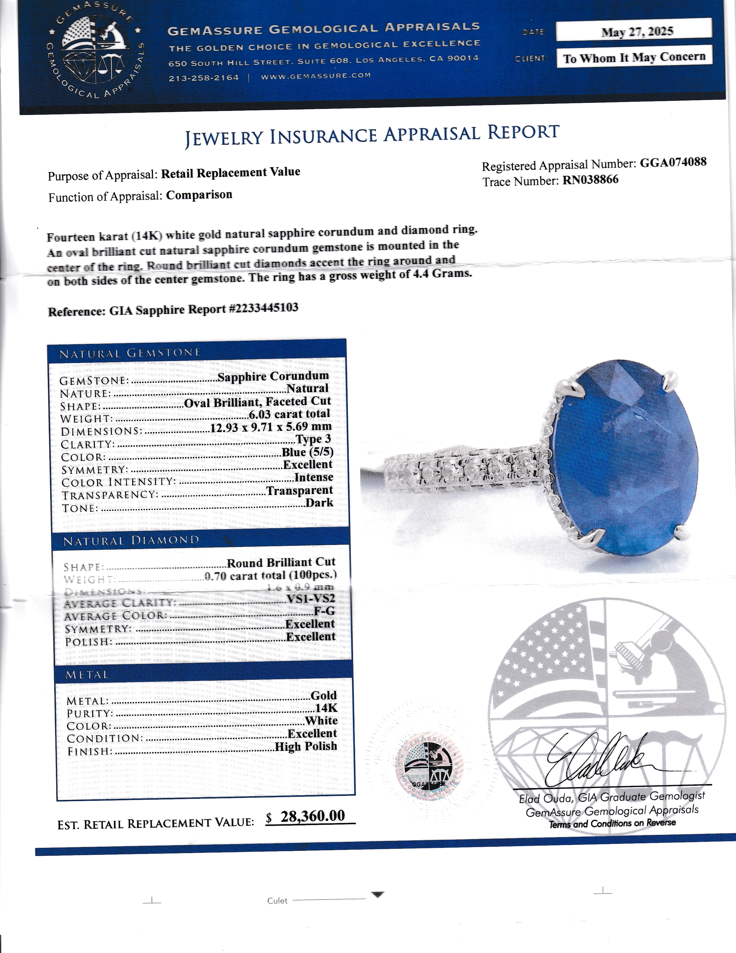 GIA Certified Natural Sapphire and Diamond Ring