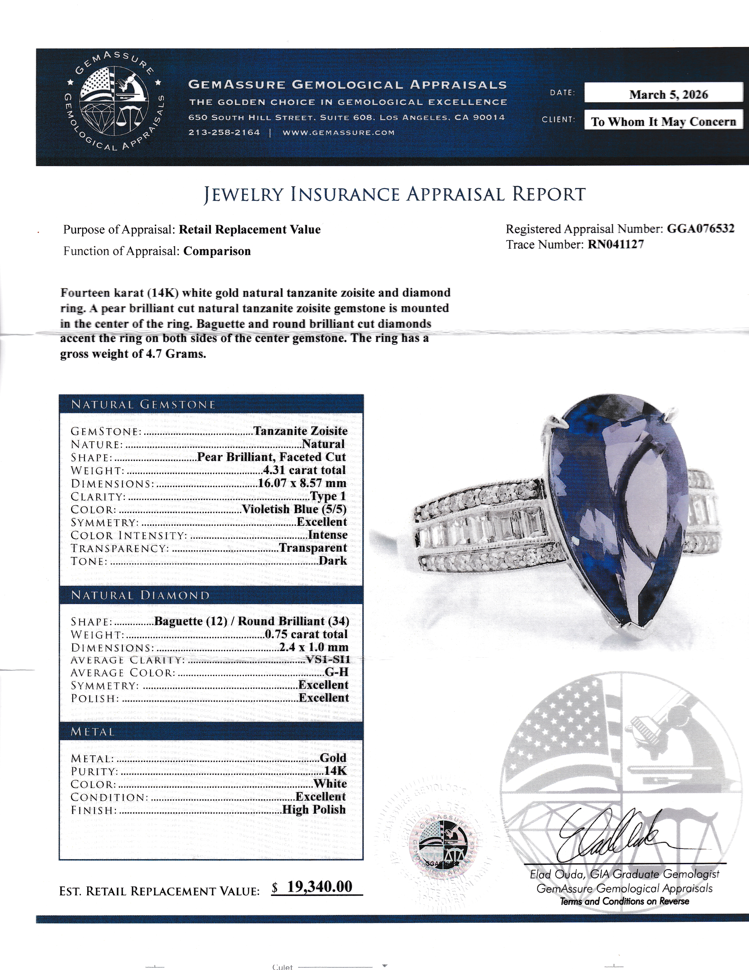 Natural Tanzanite and Diamond Ring by KRISTEN OSLEN