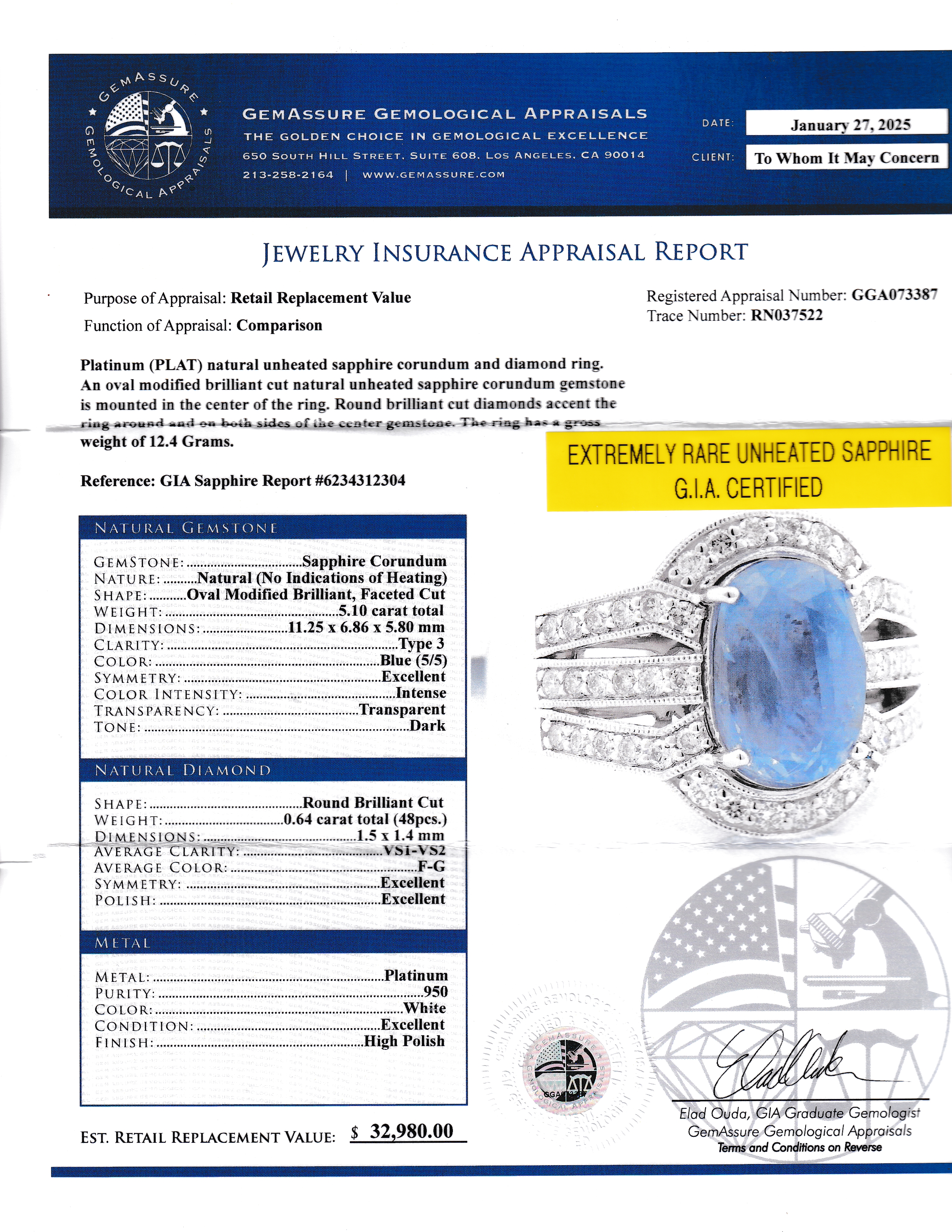 GIA Certified Unheated Sapphire and Diamond Ring