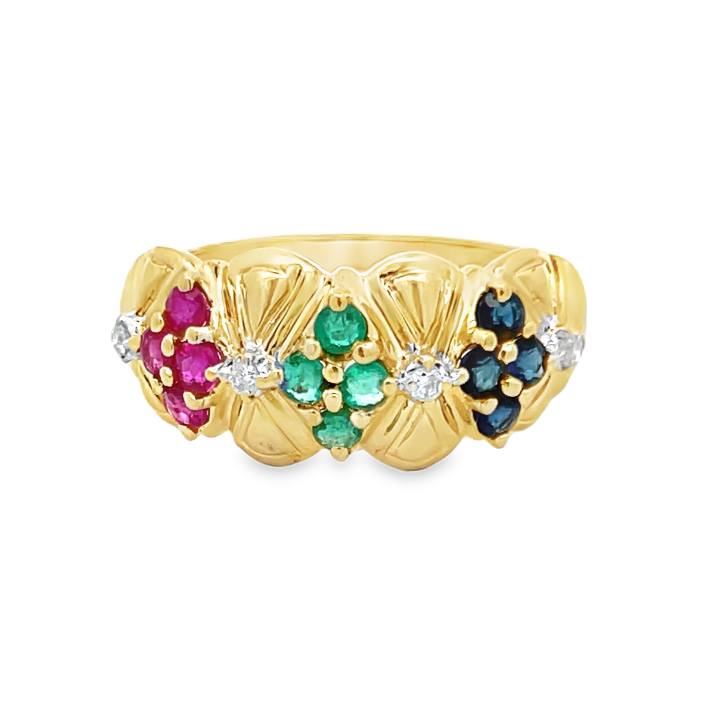 14K Ruby, Sapphire, Emerald & Diamond Ring