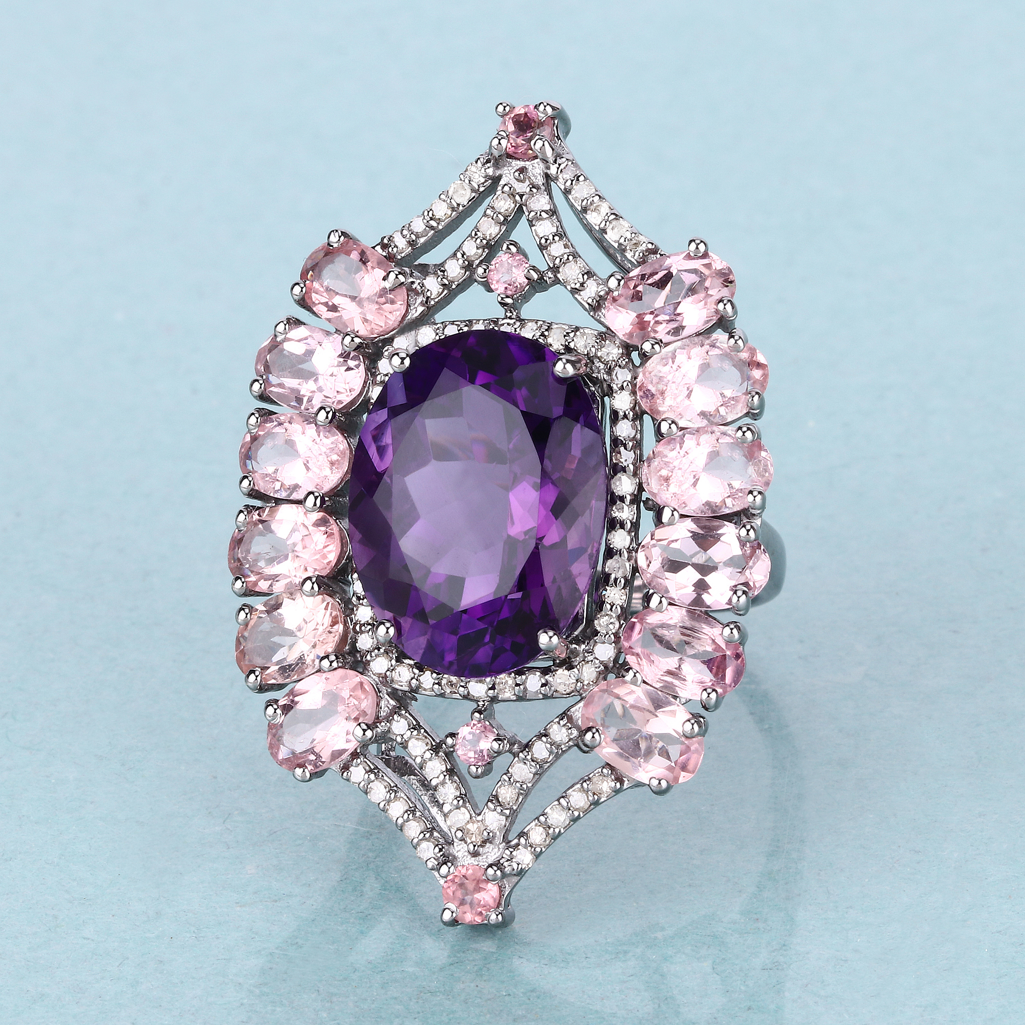 Tourmaline, Amethyst & Diamond Ring 925