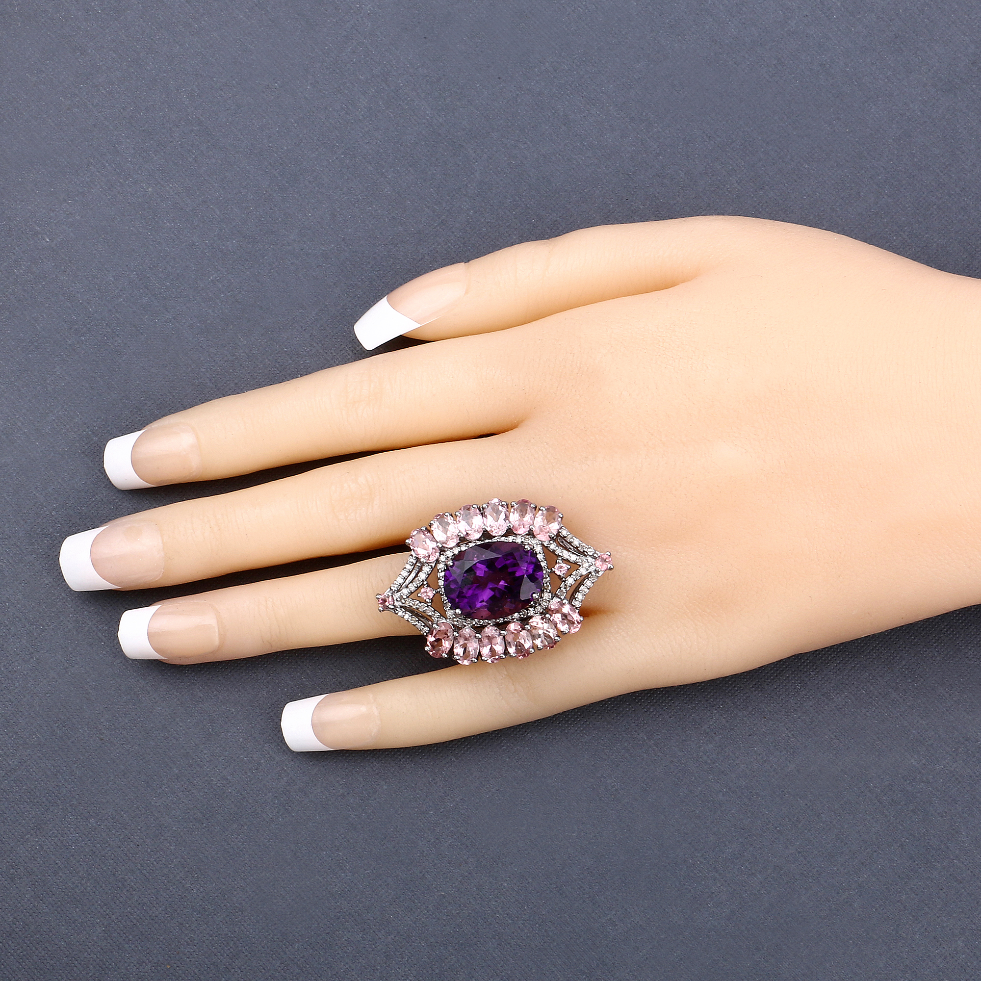 Tourmaline, Amethyst & Diamond Ring 925