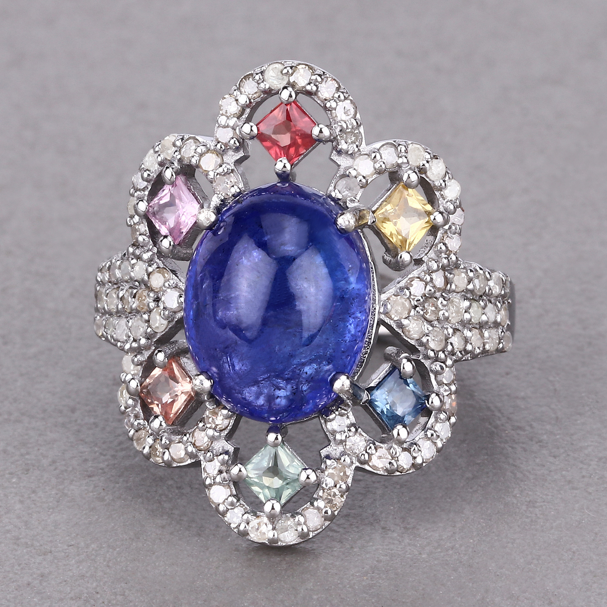 Multi Color Sapphire, Tanzanite & Diamond .925 Ring