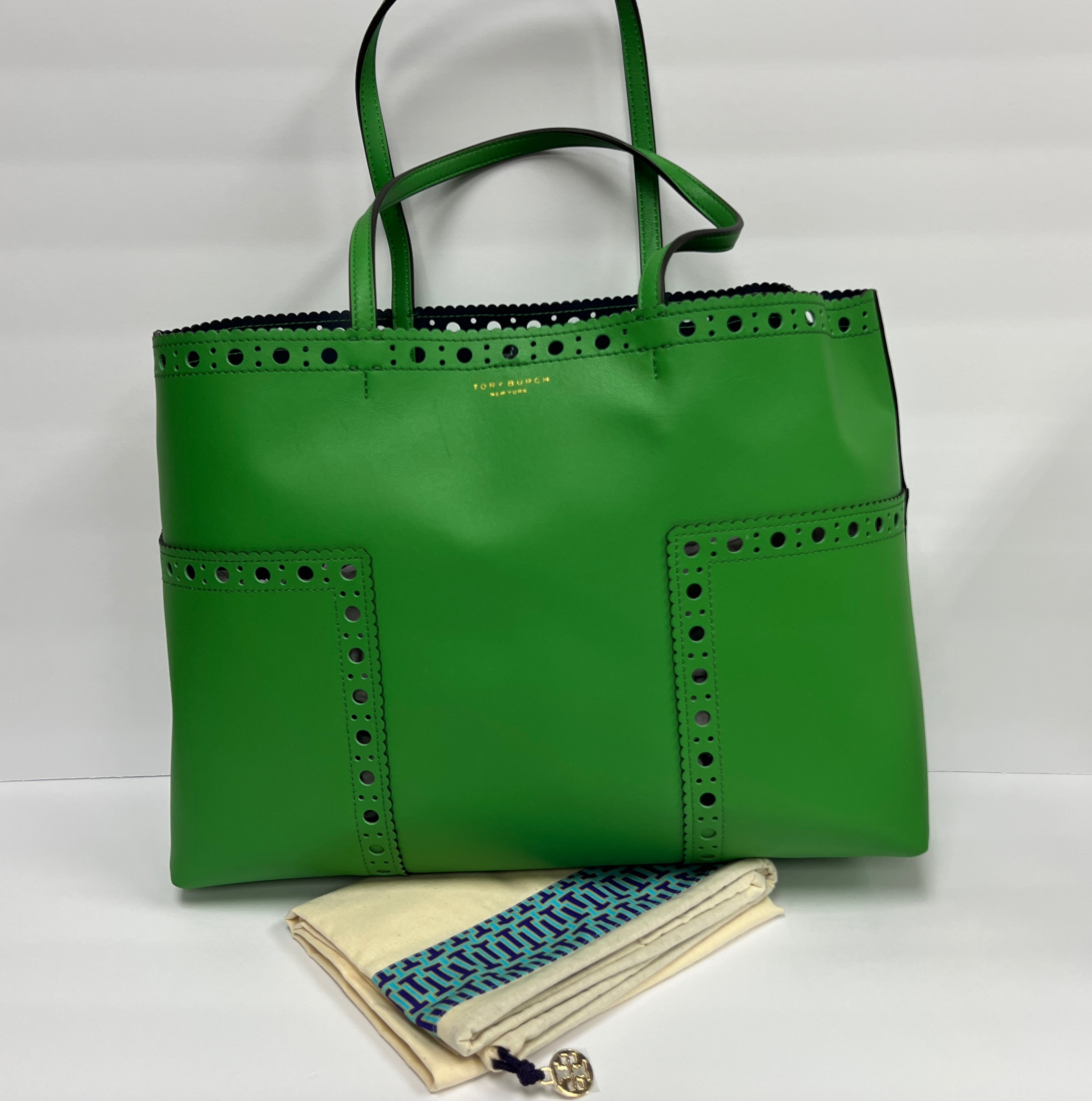 Tory Burch Green Leather Perforated Cutout Tote Bag with Dust Bag
